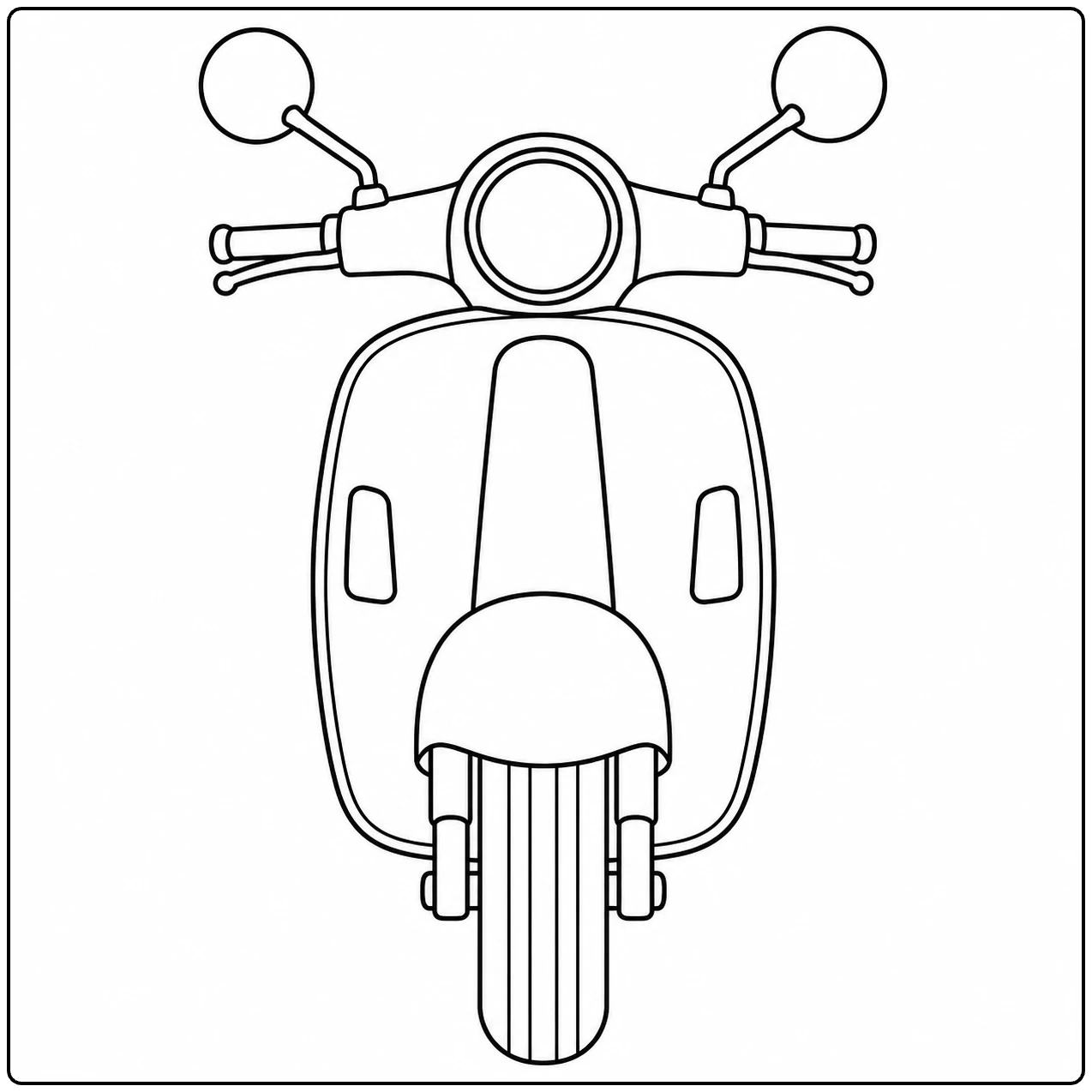 Vooraanzicht van een ronde scooter met breed beenschild, spiegels en een rechte voorband