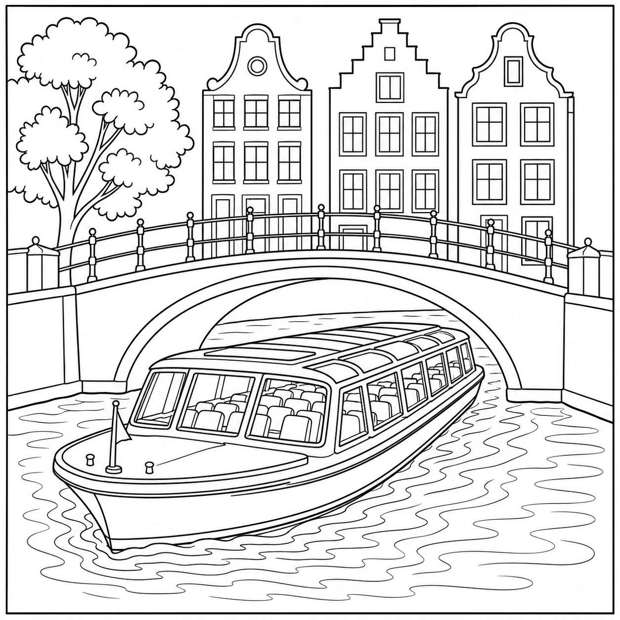 kleurplaat boot met Amsterdamse rondvaartboot onder een brug langs grachtenpanden