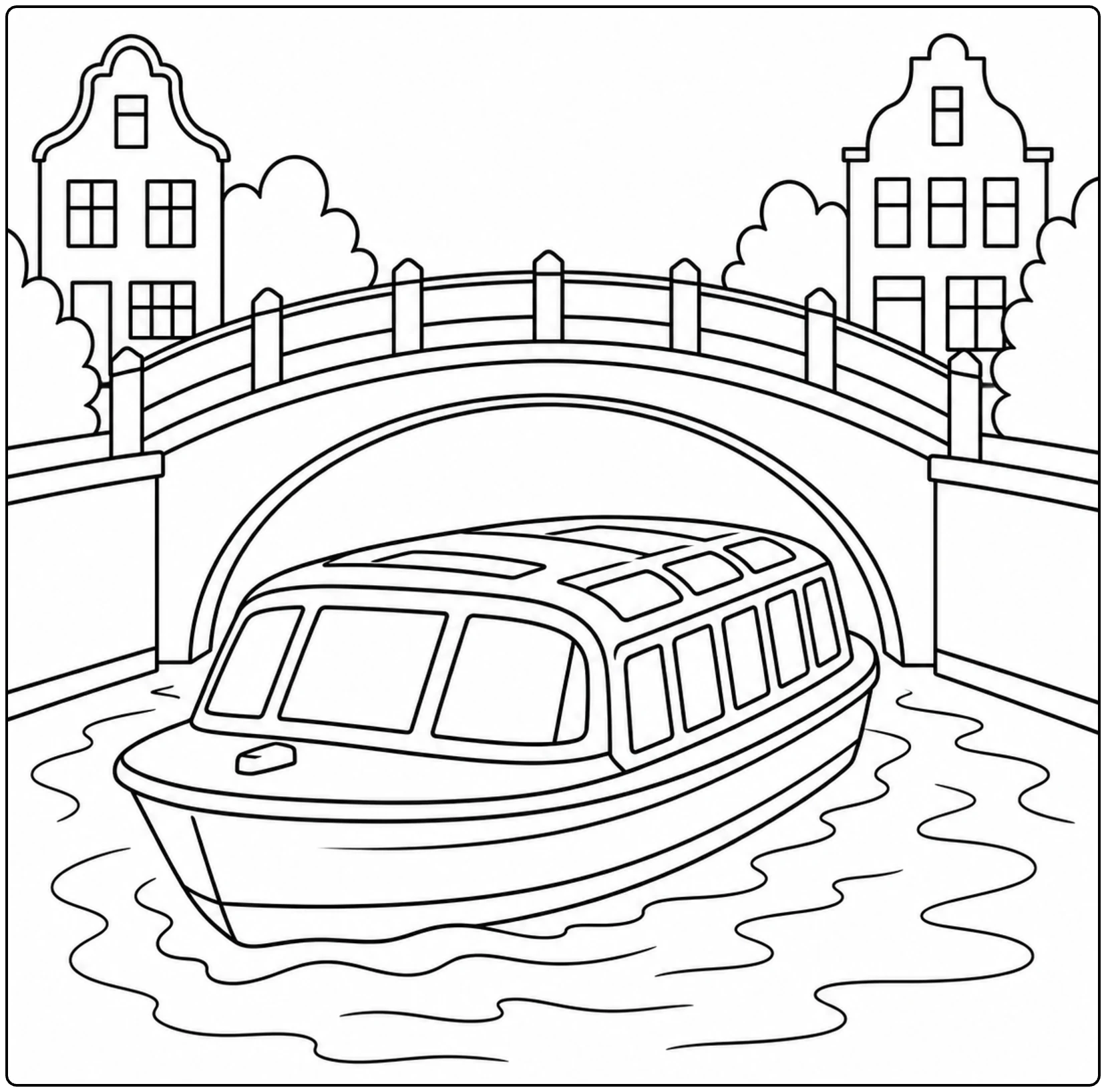 Een kleurplaat boot met rondvaartboot onder een boogbrug en grachtenpanden langs het water