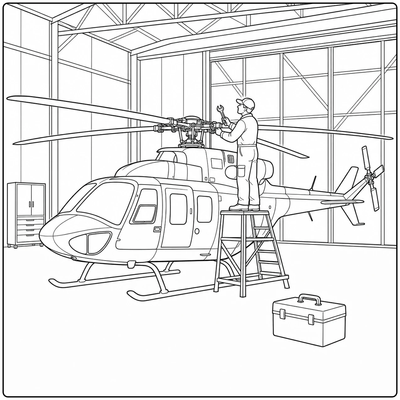 Monteur inspecteert vanaf een ladder de rotor van een kleurplaat brandweer helicopter in de hangar