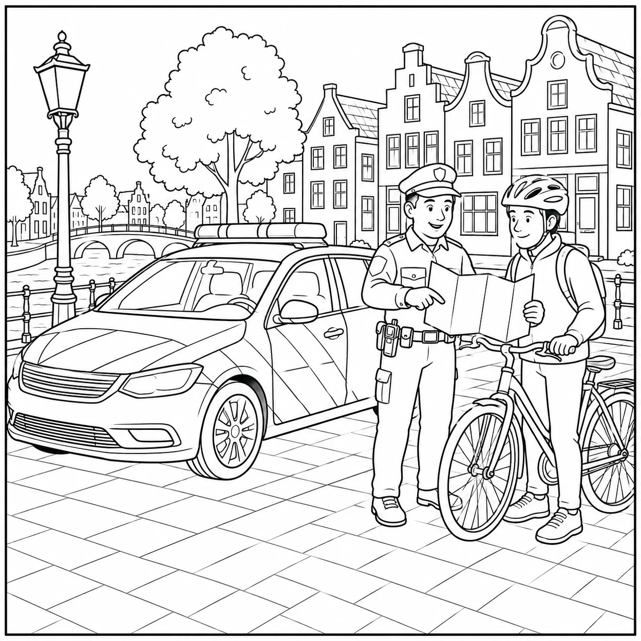 Agent wijst een fietser de weg op een kaart naast een politieauto aan een Nederlandse gracht.