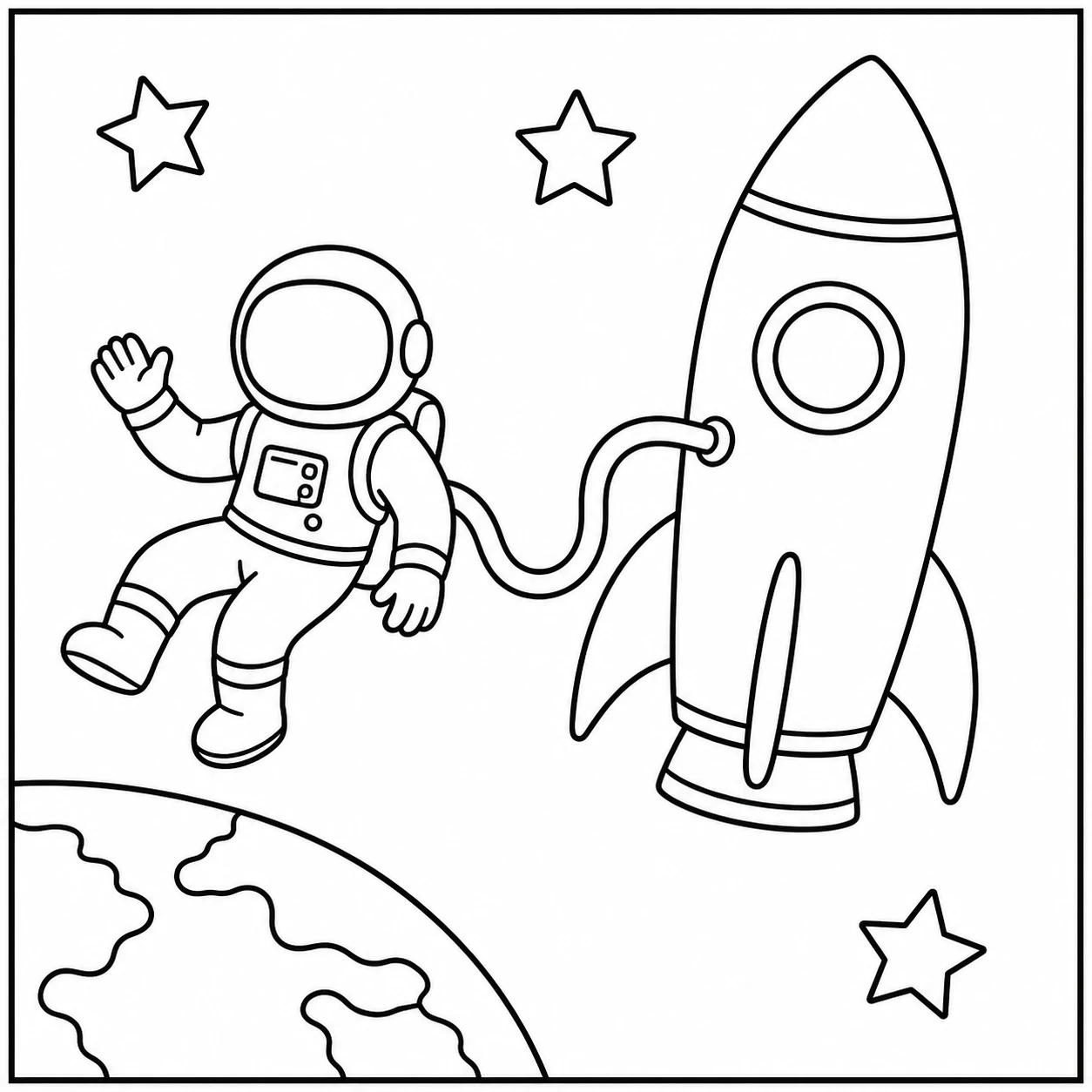 Zwevende astronaut is met een kabel verbonden aan een rechtopstaande raket boven de aarde.