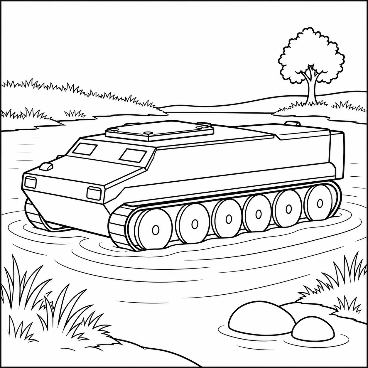 Laag rupsvoertuig beweegt door ondiep water langs gras, rotsen en een kleine boom.