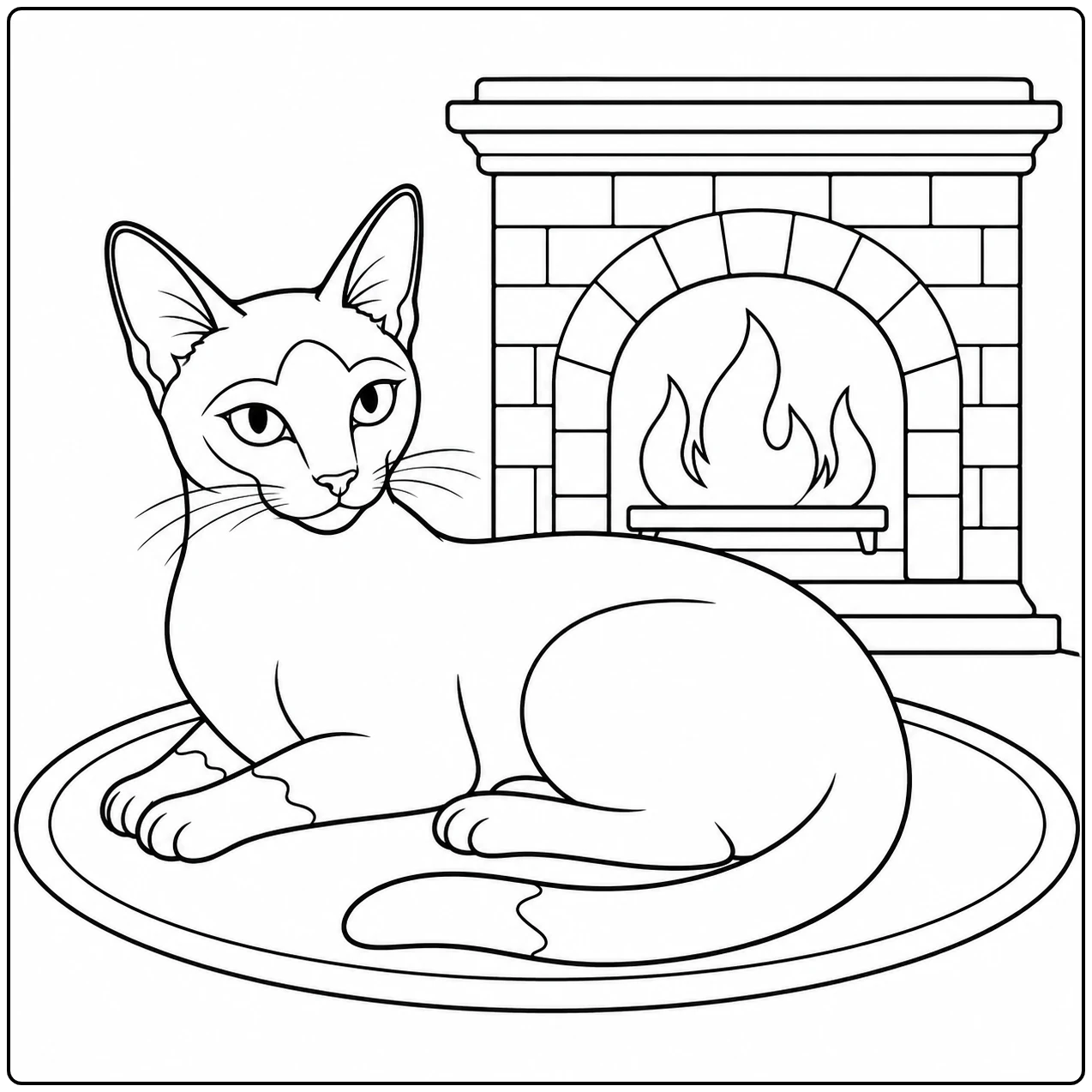 Ontspannen Siamese kat ligt op een ovaal kleed voor een brandende open haard