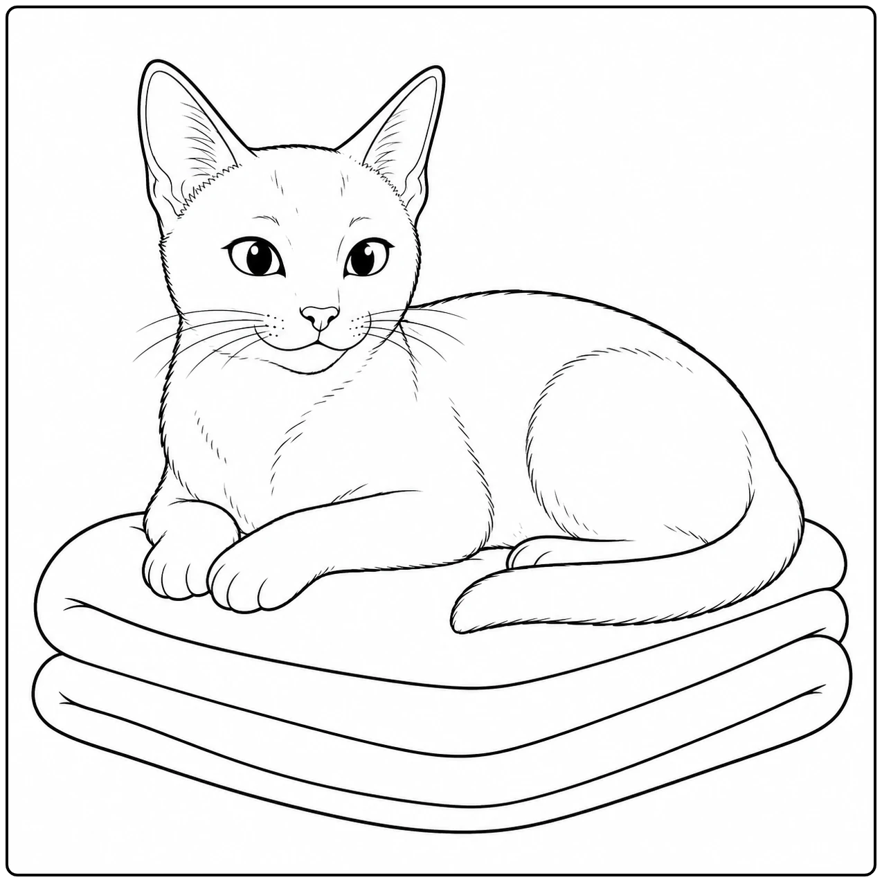 Ontspannen kat rust boven op een stapel zachte dekens met de voorpoten netjes over elkaar.