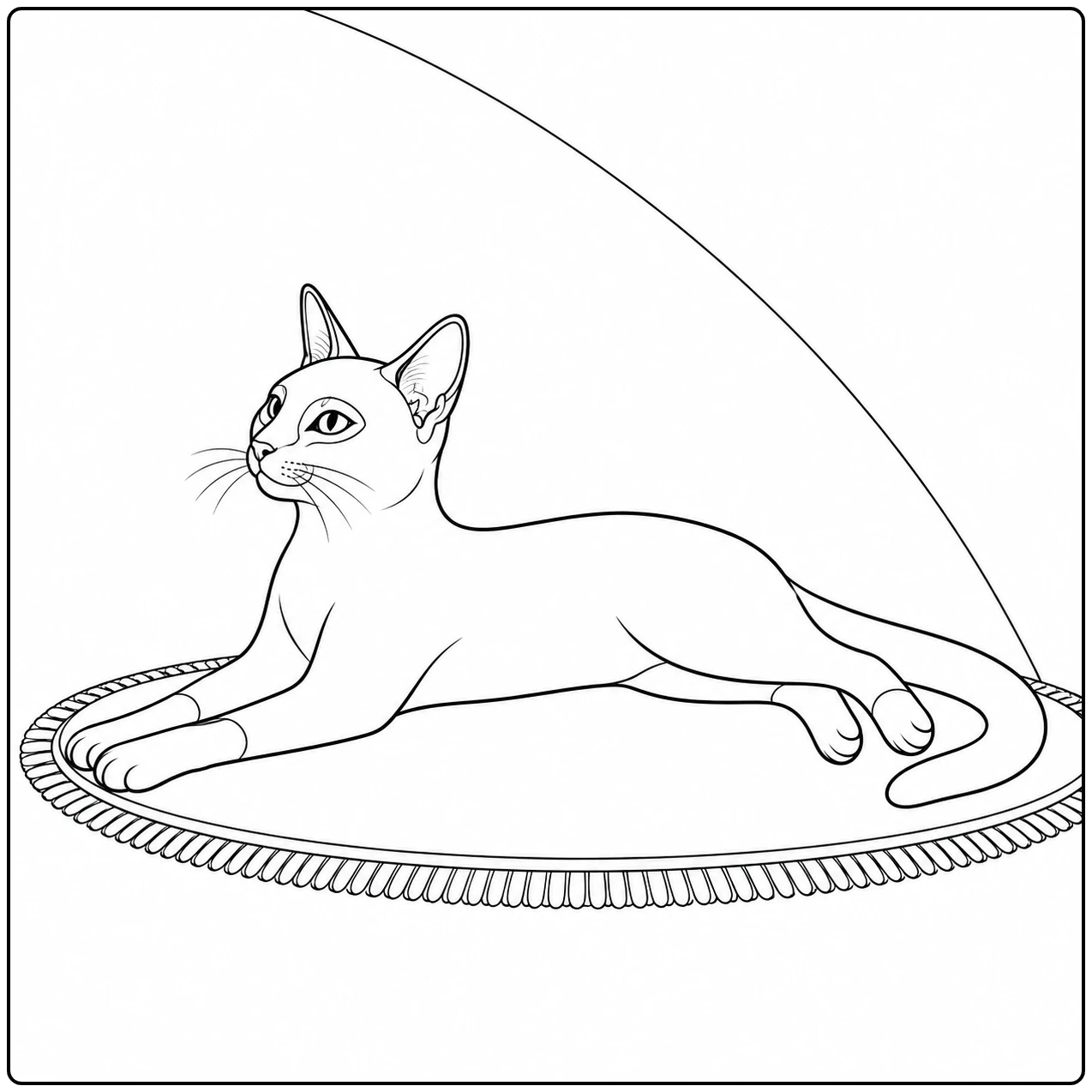 Uitgestrekte kat rust op een ovaal kleed onder een groot gebogen doek