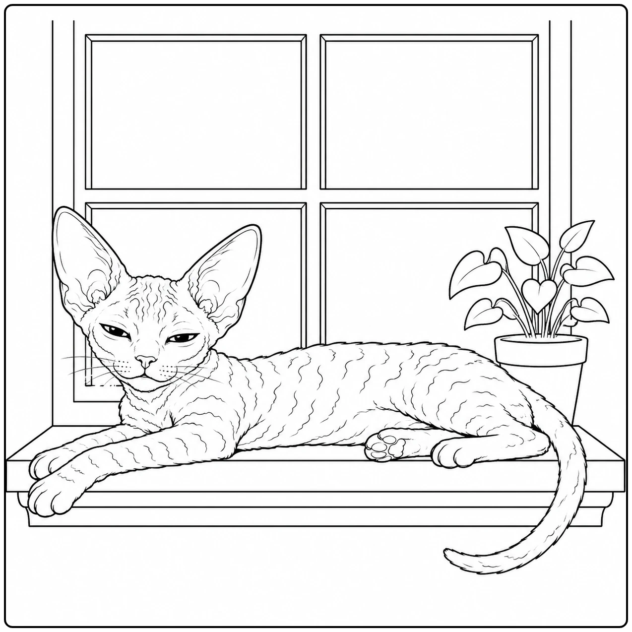 Slanke kat rust op de vensterbank bij een kamerplant, een rustige kleurplaat devon rex.