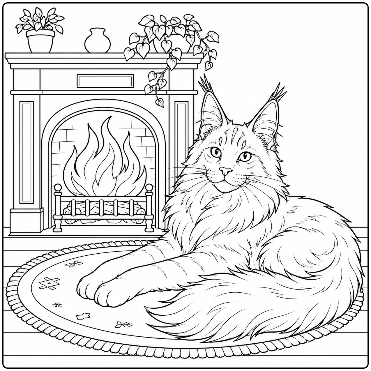 Ontspannen Maine Coon ligt op een rond kleed voor een brandende open haard.