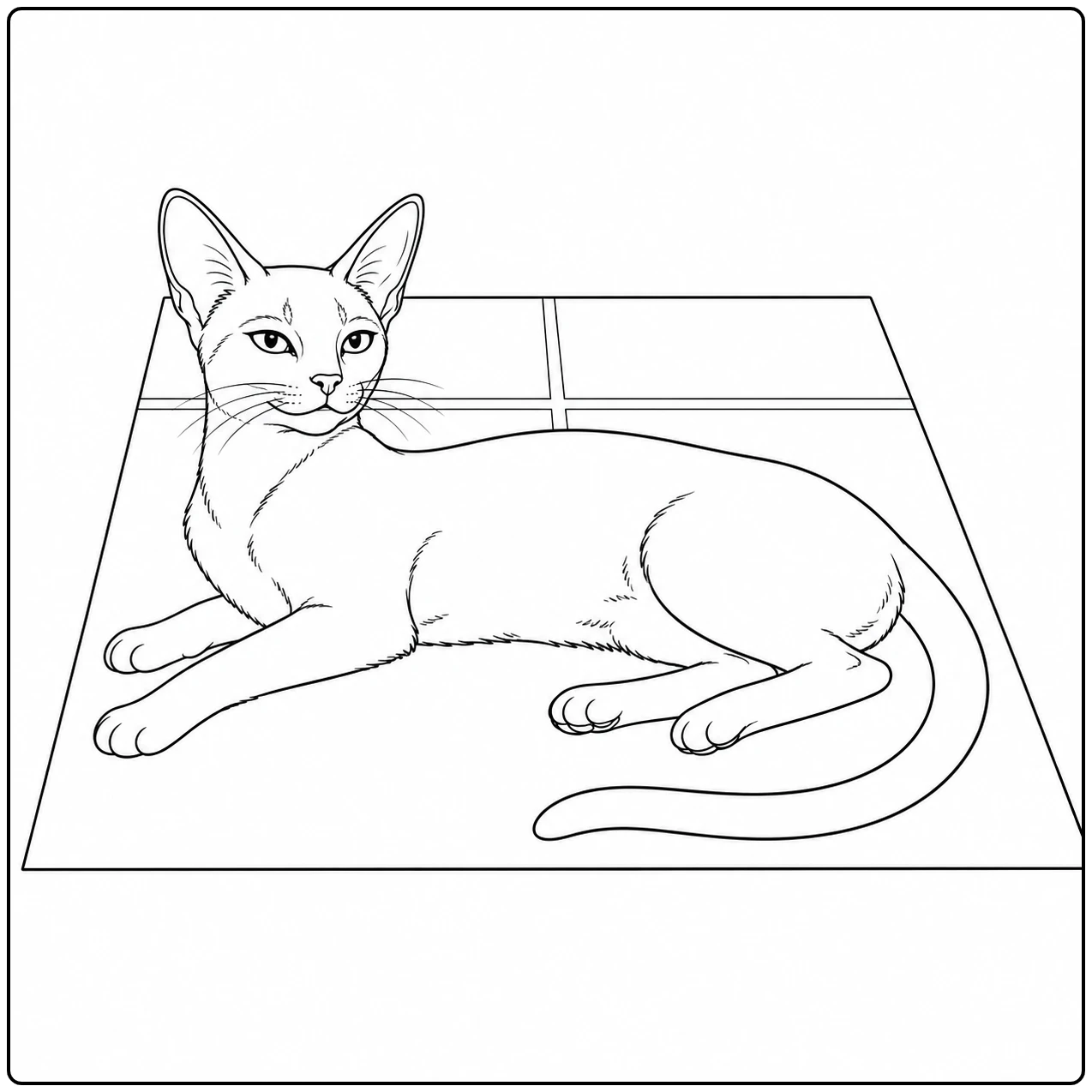 Een ontspannen kleurplaat abessijn toont een kat die languit op een rechthoekig kussen rust.