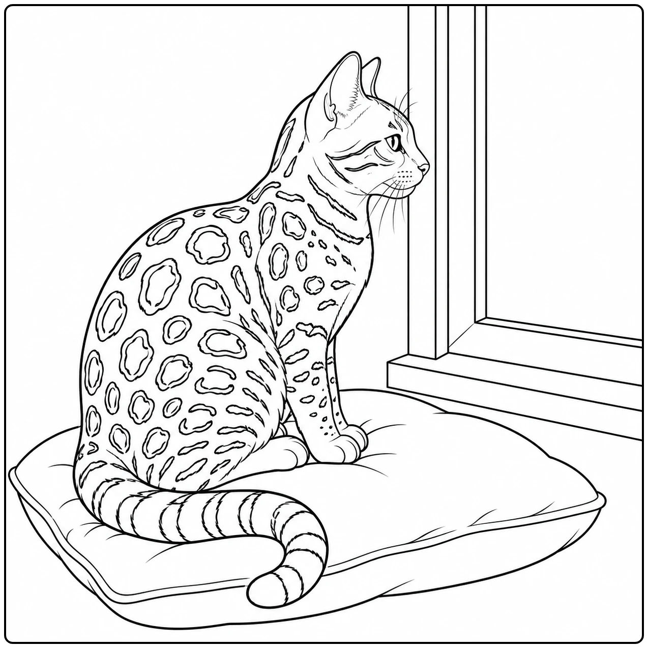 Een gevlekte kat zit op een kussen bij het raam, passend bij een kleurplaat bengaal.