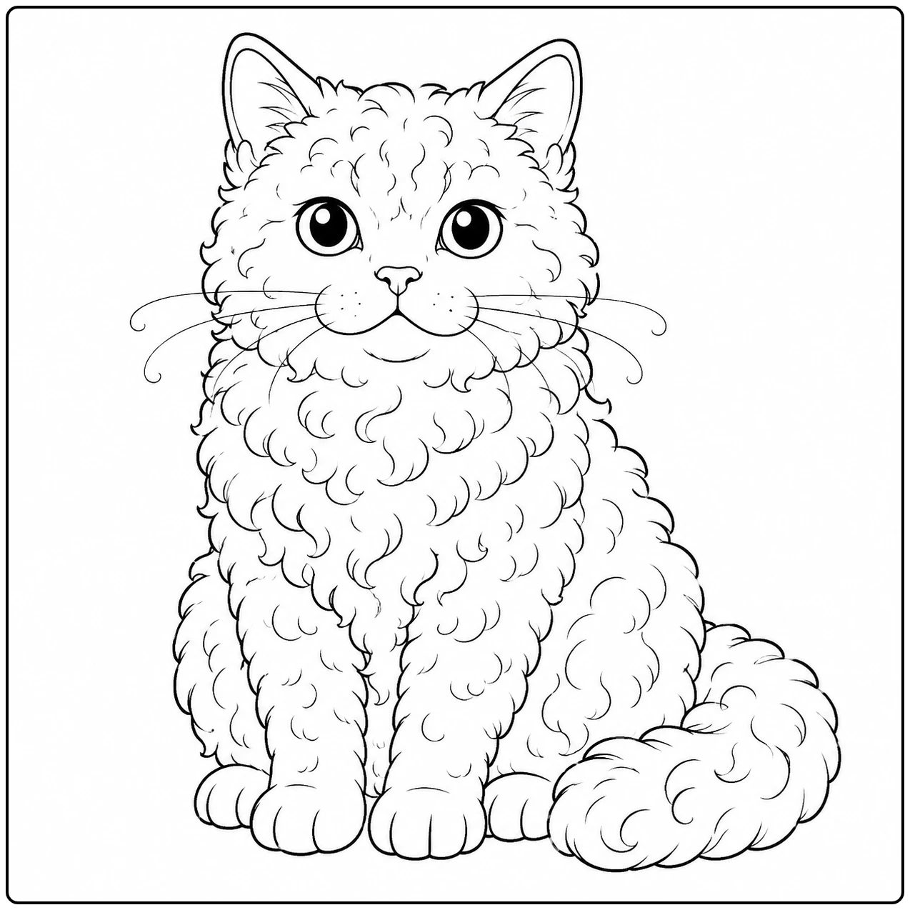 Rechtop zittende kat met dichte krullen, heldere ogen en een dikke staart naast het lichaam.