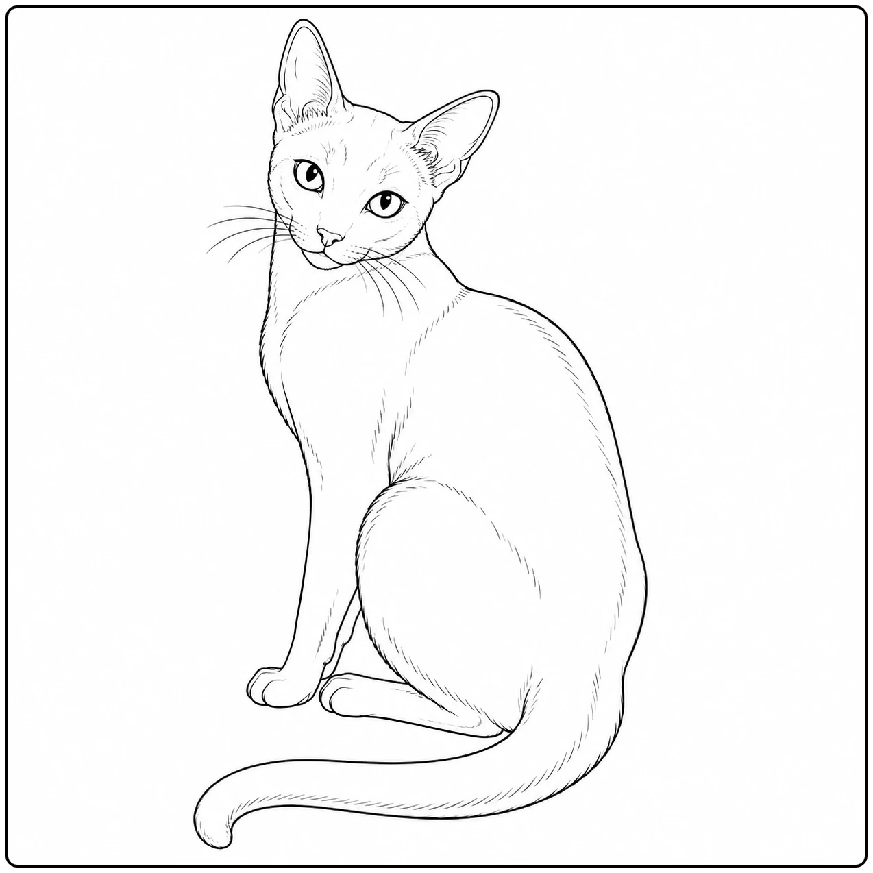 Elegante kat zit rechtop en kijkt over de schouder met de lange staart sierlijk langs de poten.