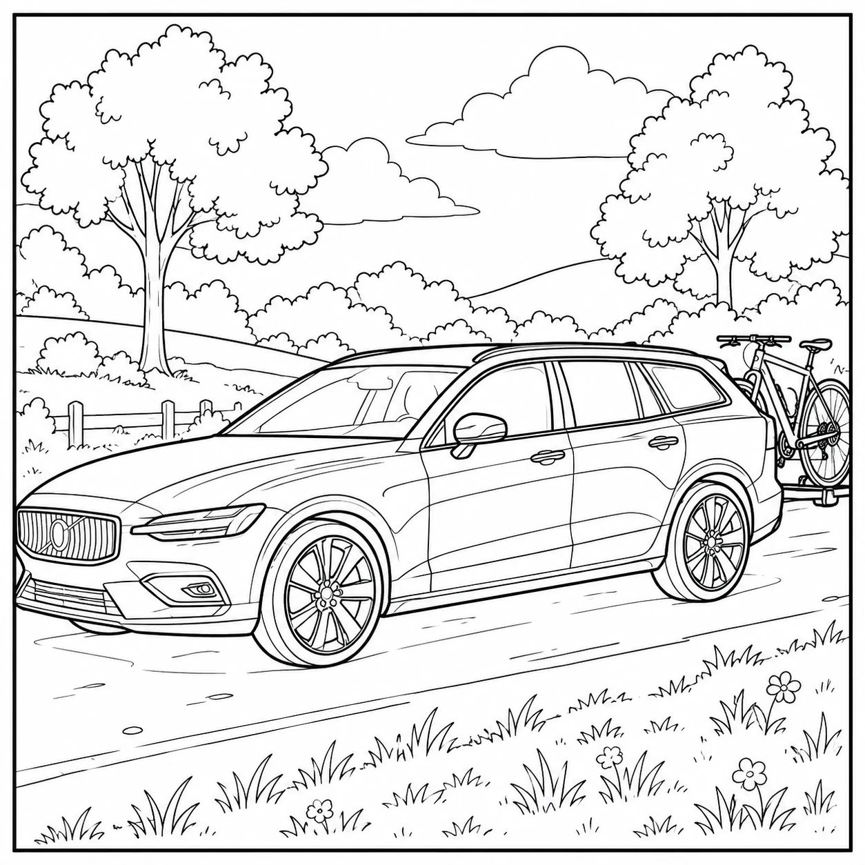 Moderne Volvo-achtige auto langs een rustige weg met grasvelden en bomen