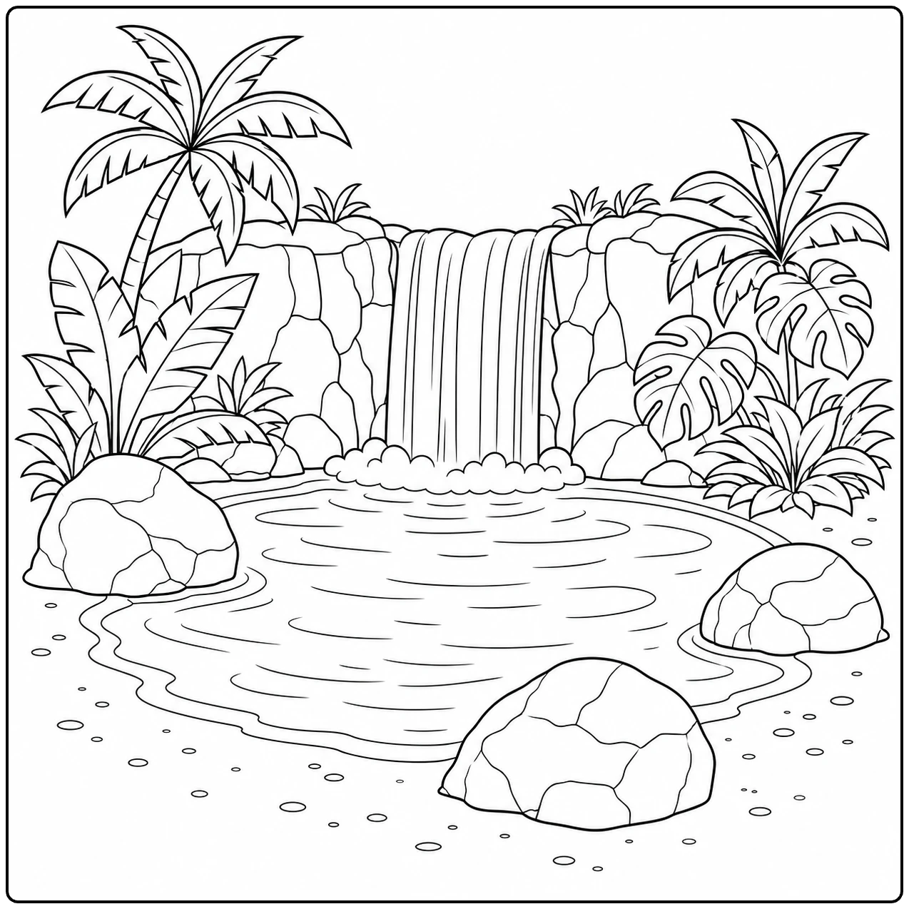 Waterval bij palmbomen en rotsen, met een open vijver en eenvoudige lijnen om te kleuren