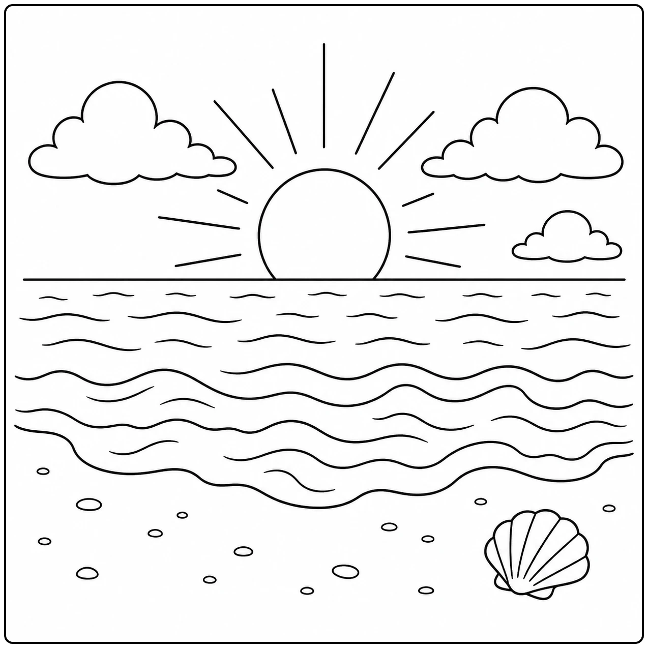Zonsondergang boven rustige golven, met zachte wolken en een schelp op het zand.