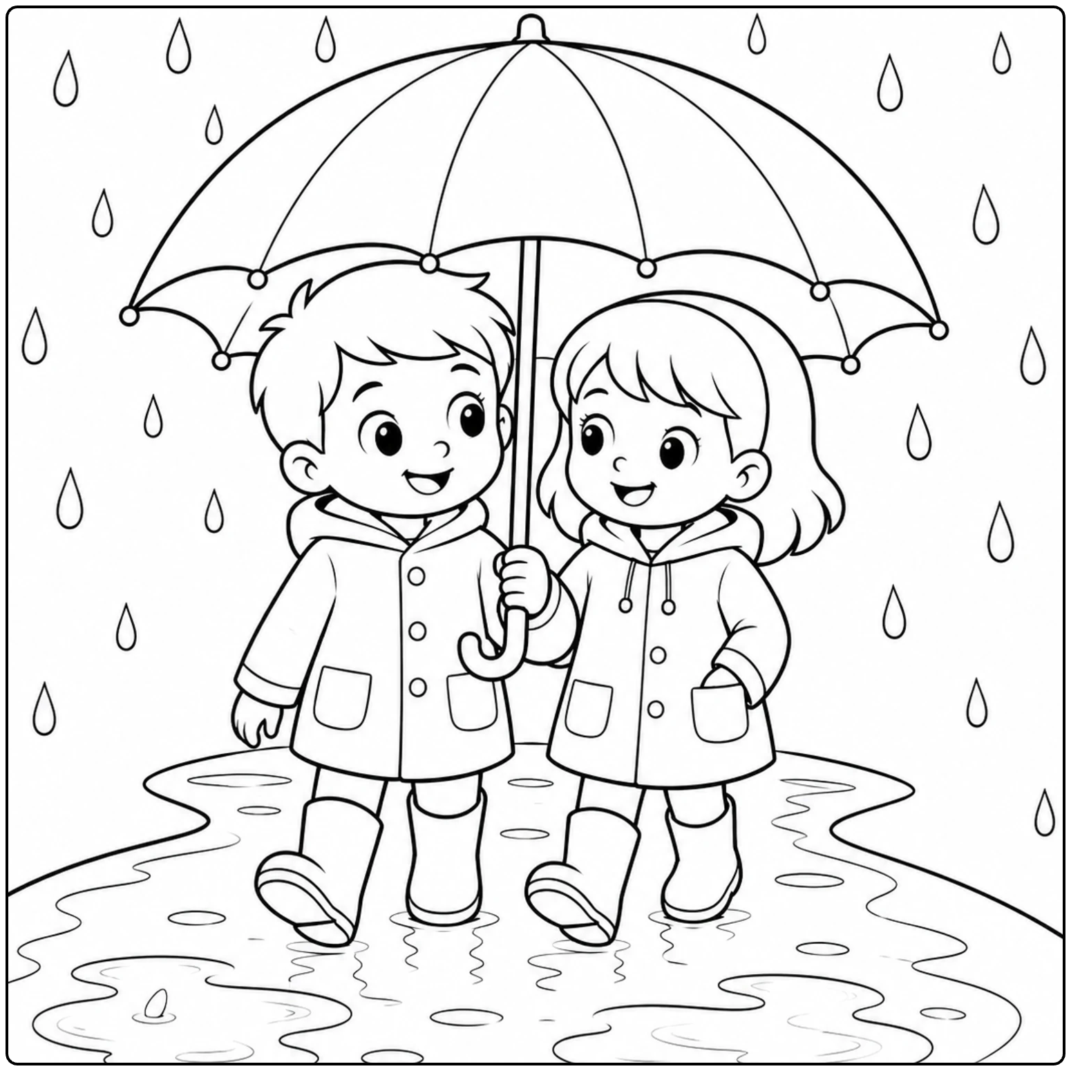 Twee kinderen delen samen een paraplu terwijl ze door plassen en regen wandelen