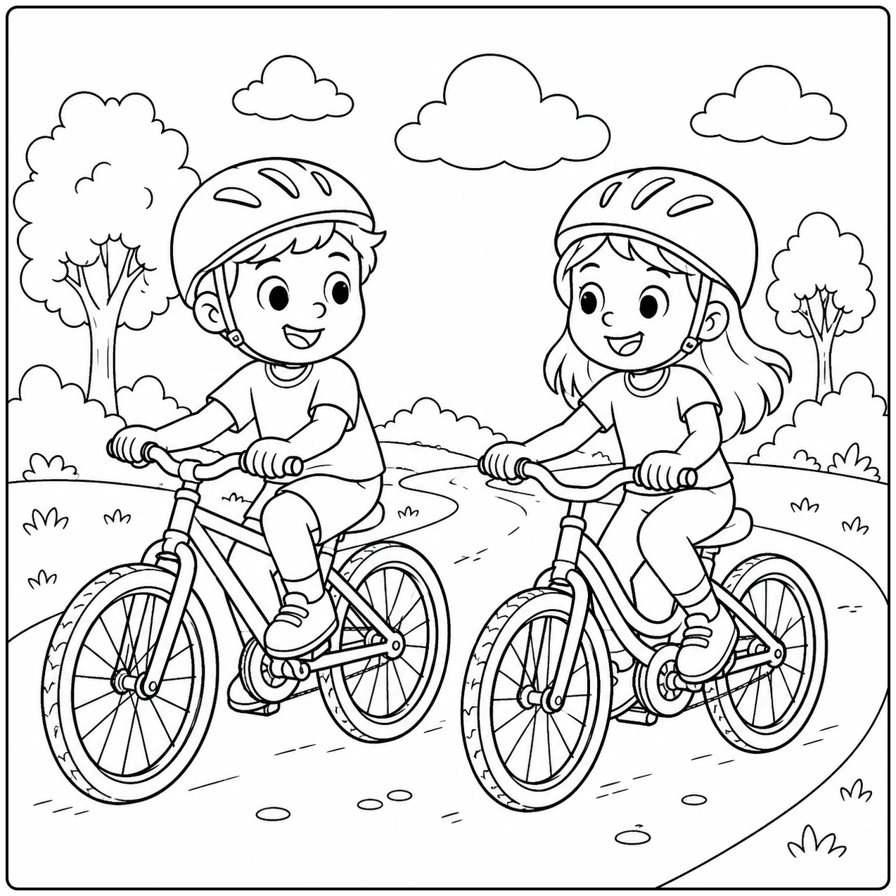 Twee kinderen fietsen samen over een pad door het park, een gezellige kleurplaat fiets met bomen en wolken