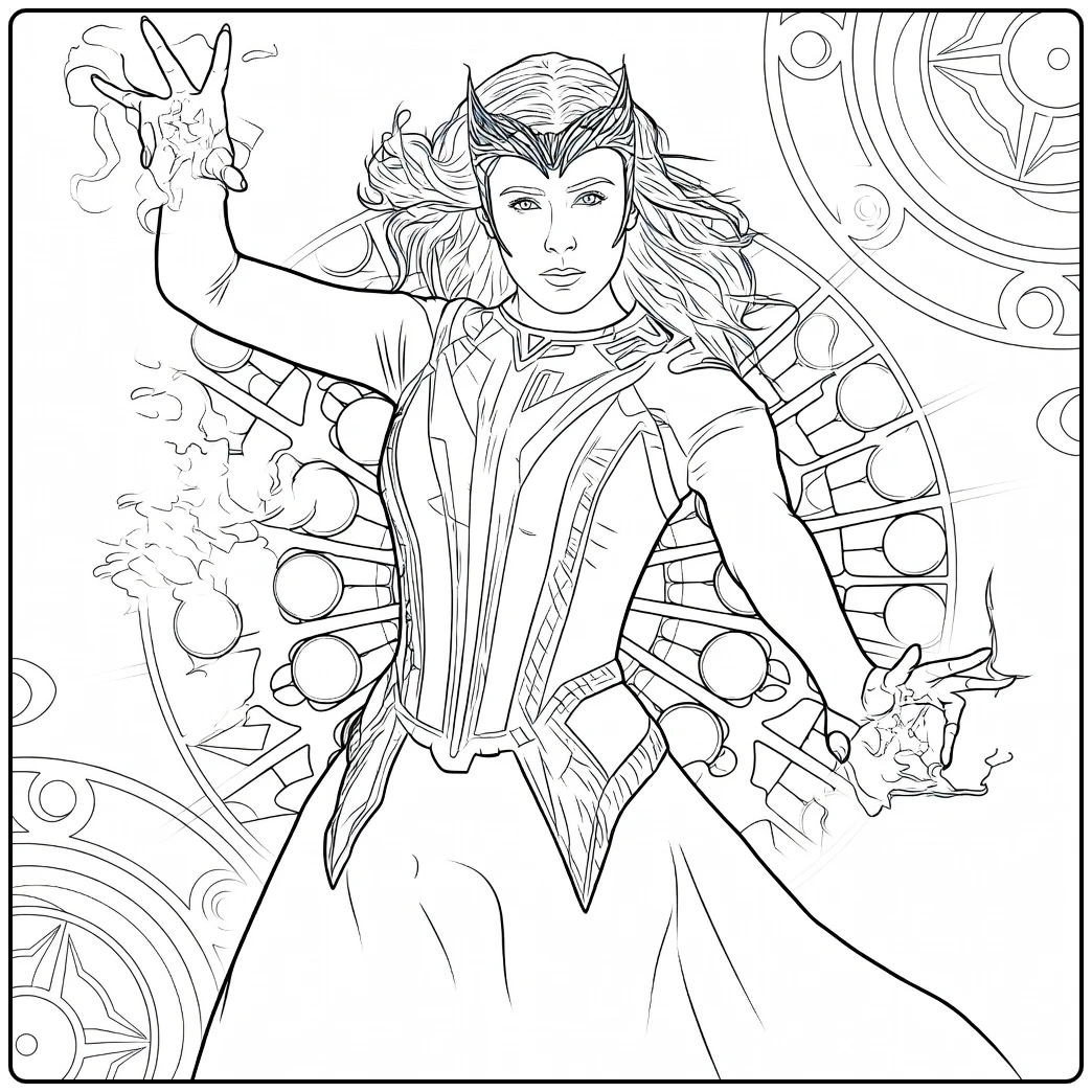 Vrouw met lang haar en sierlijke hoofdband die energie uit haar handen laat stromen Scarlet Witch Kleurplaat