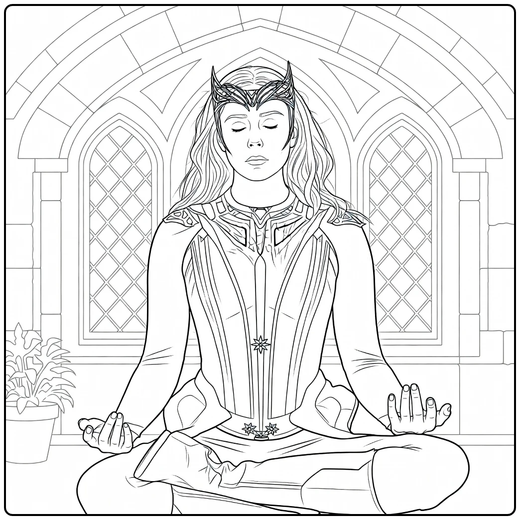 Vrouw met golvend haar en gehoornde hoofdtooi in cross-legged meditatie Scarlet Witch Kleurplaat