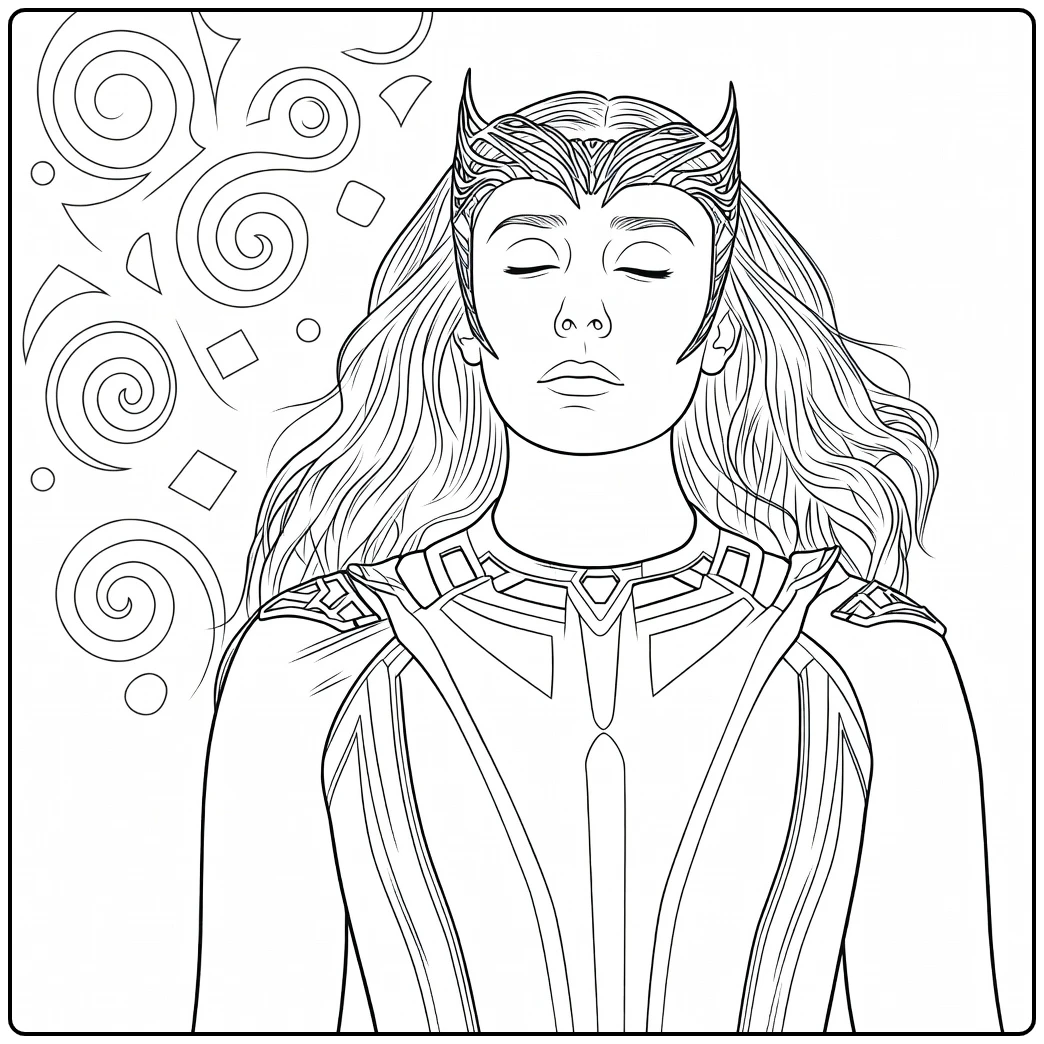 Vrouw met lang golvend haar en sierlijke hoofdtooi, ogen gesloten in een gepantserde outfit Scarlet Witch Kleurplaat