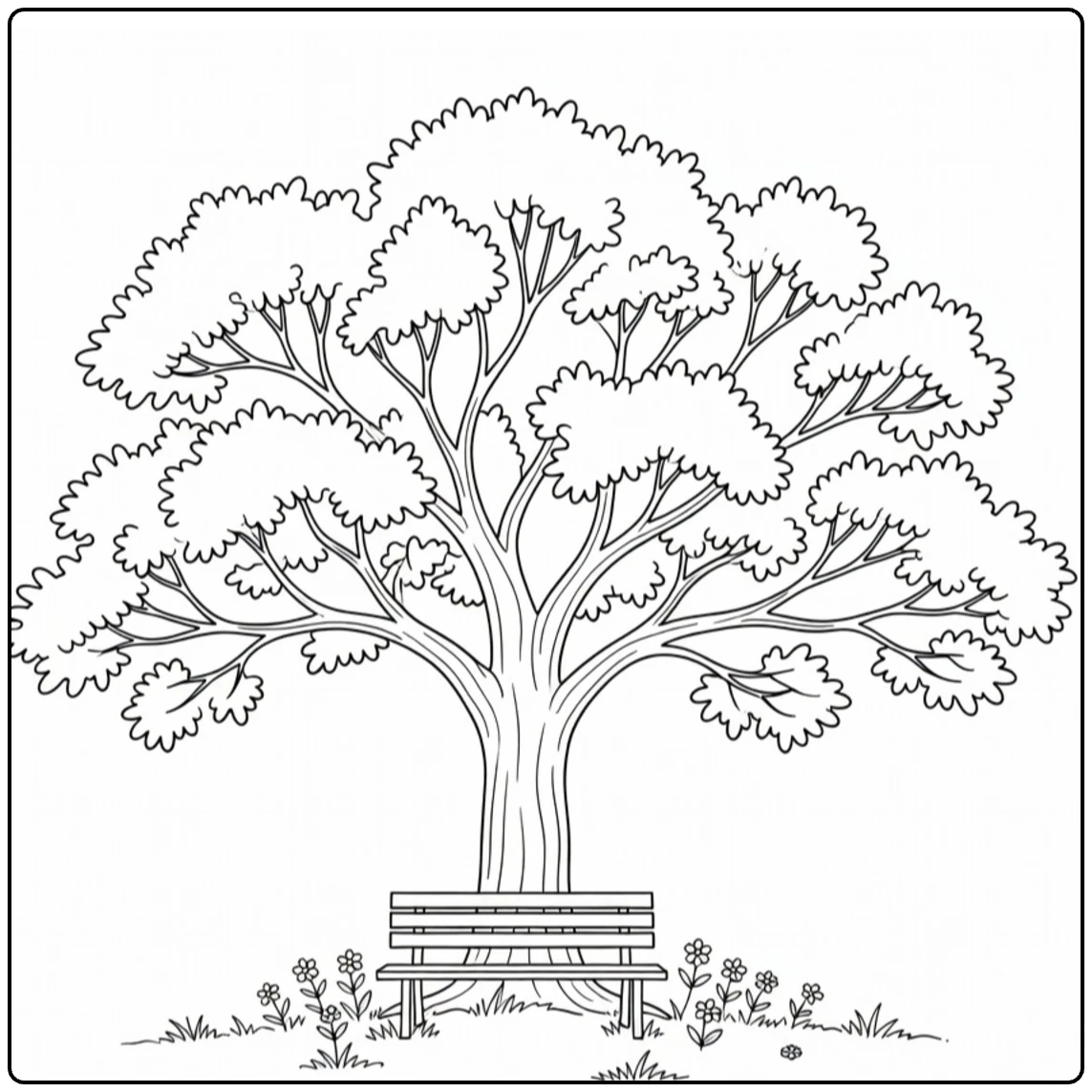 Schaduwbomen Kleurplaat eik met bank en bloemen