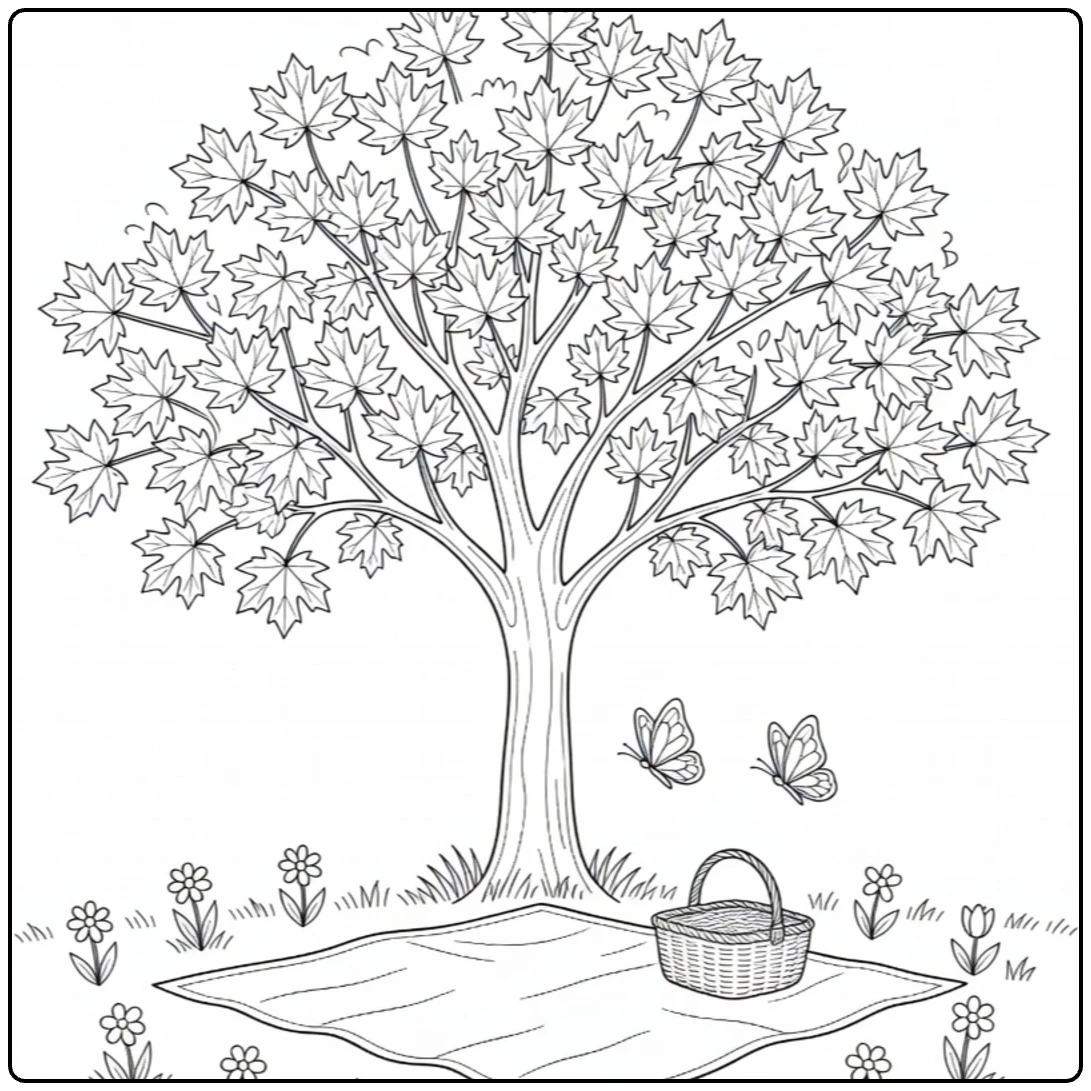 Schaduwbomen Kleurplaat esdoorn met picknick en vlinders