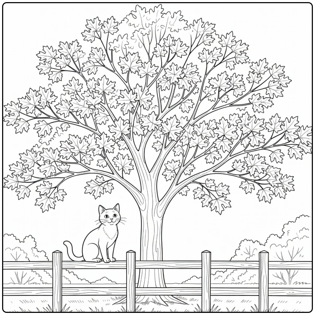 Schaduwbomen Kleurplaat esdoorn met kat bij houten hek