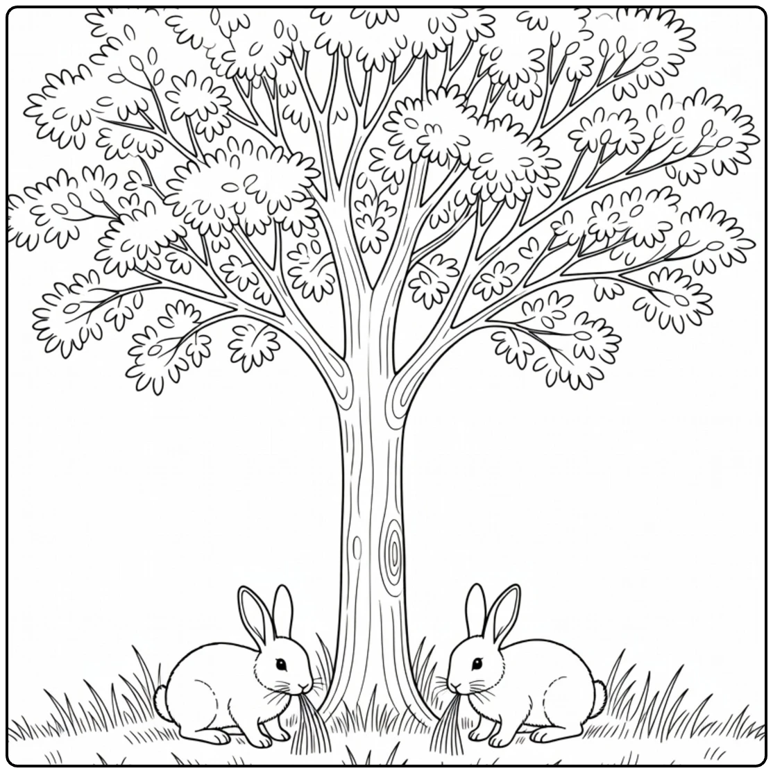 Schaduwbomen Kleurplaat met Es en Knabbelende Konijnen