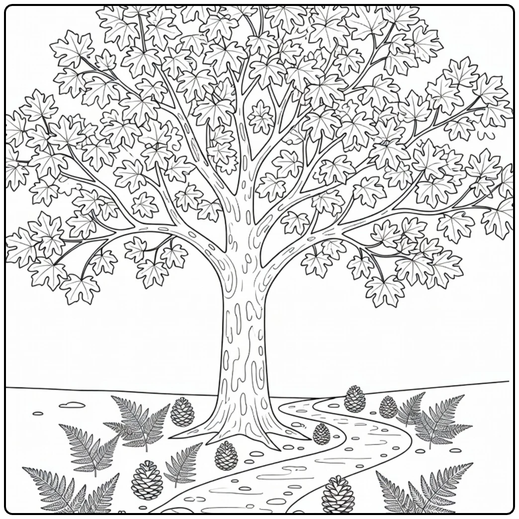 Schaduwbomen Kleurplaat van plataan bij boswandelpad met varens