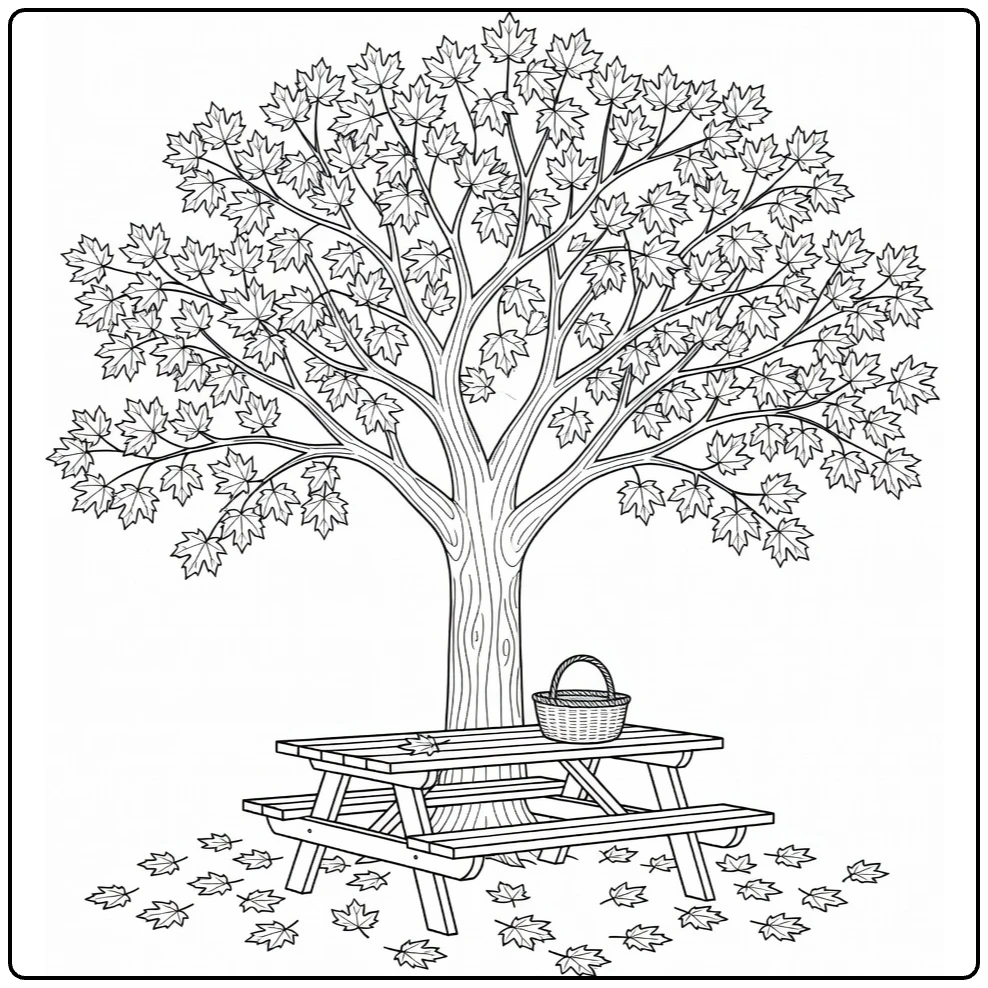 Schaduwbomen Kleurplaat esdoorn met picknicktafel en mand