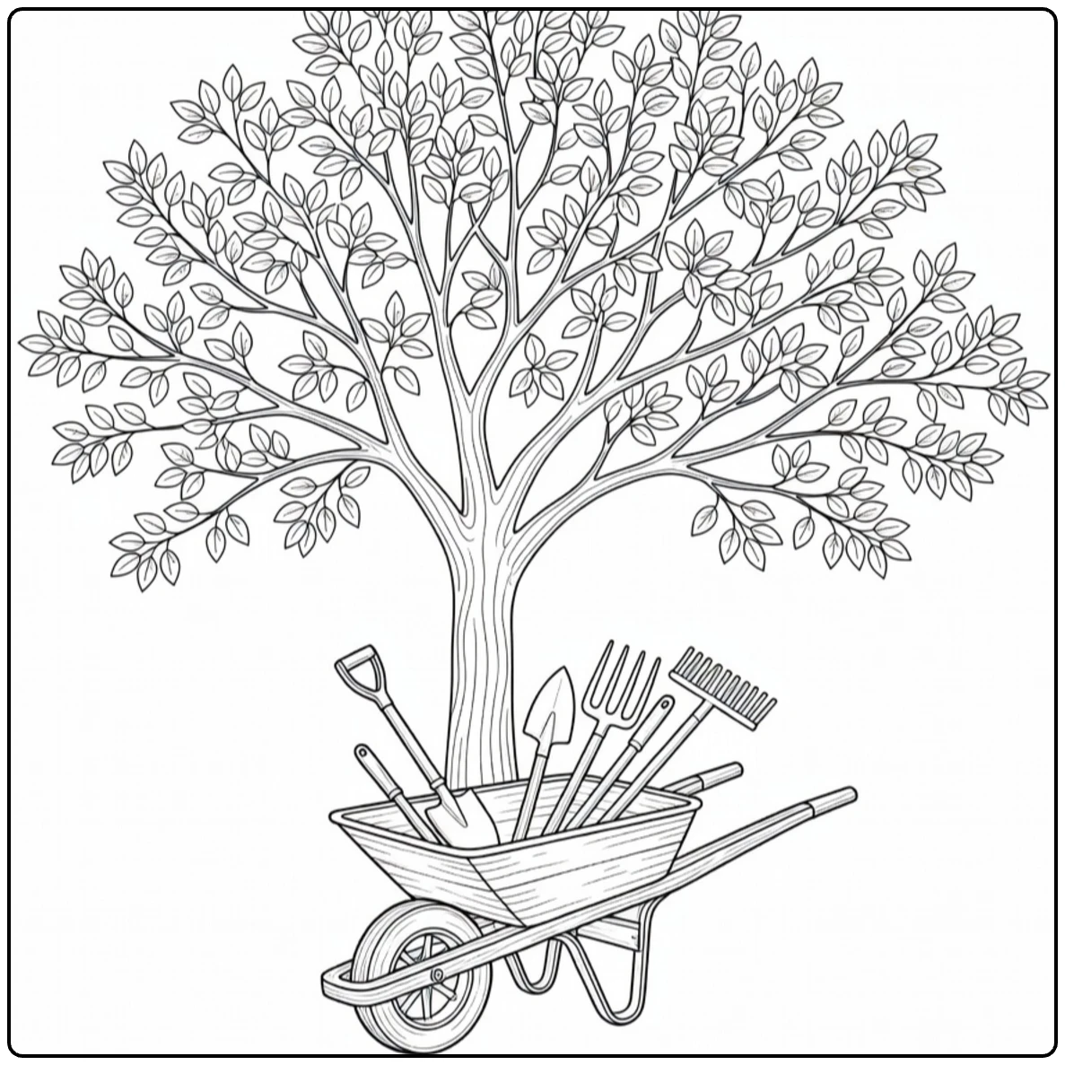 Schaduwbomen Kleurplaat met esdoorn en kruiwagen