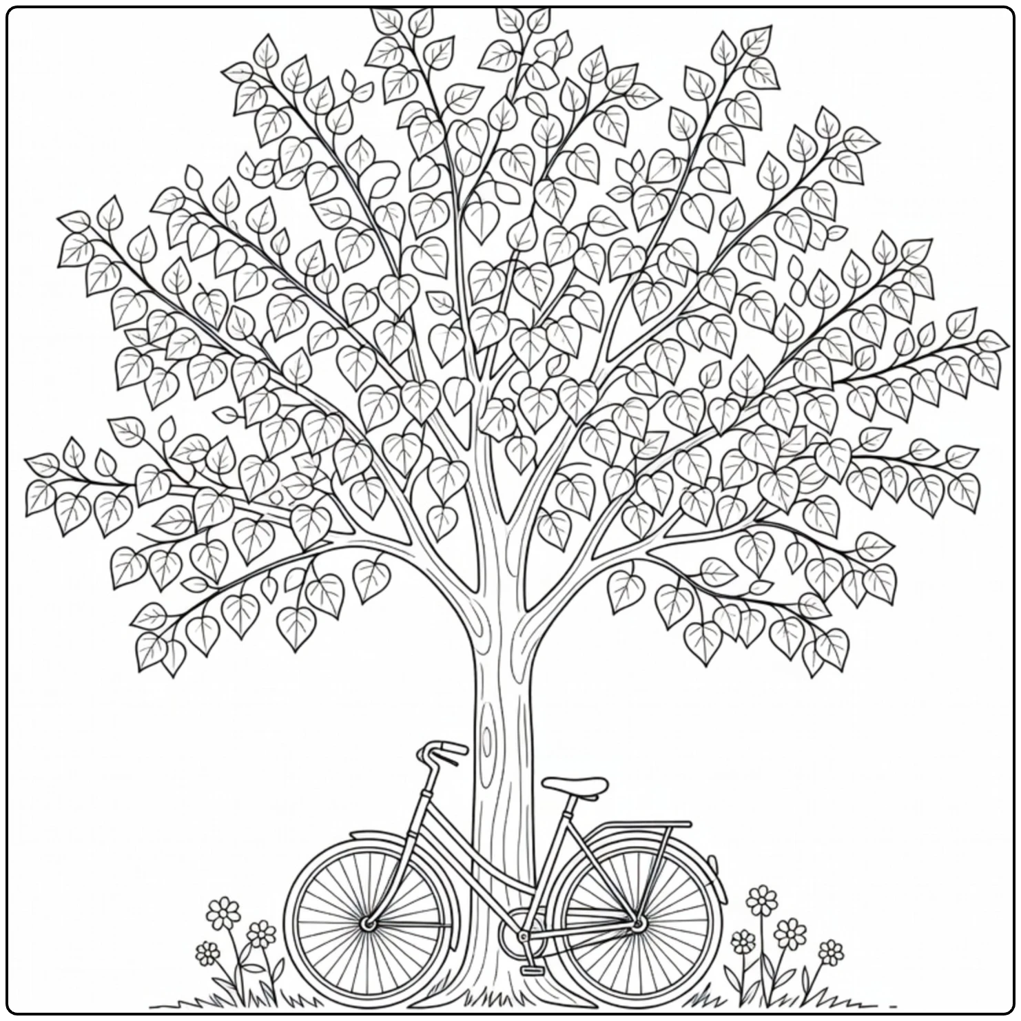 Schaduwbomen Kleurplaat lindeboom met fiets en wilde bloemen