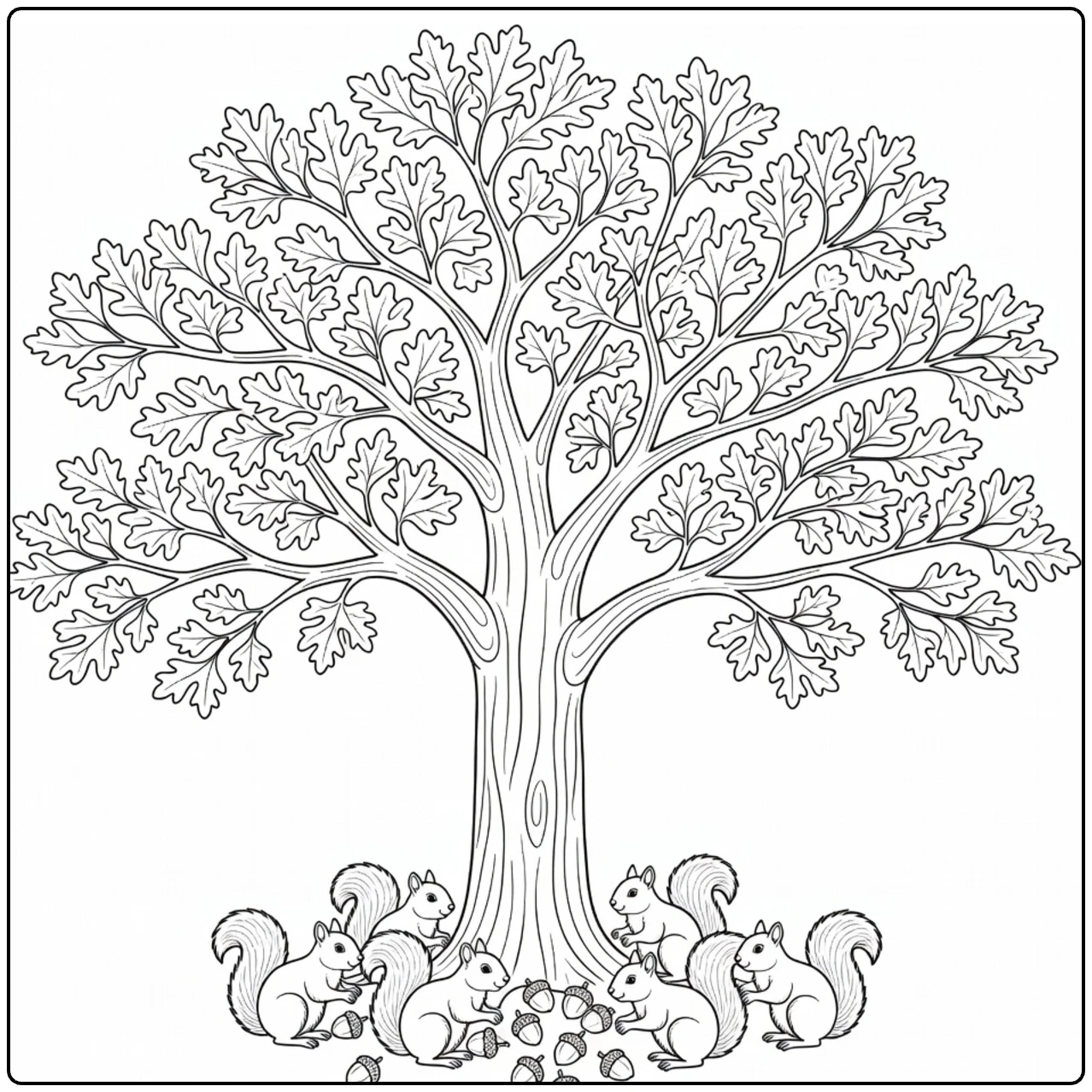 Schaduwbomen Kleurplaat met eikenboom en eekhoorns