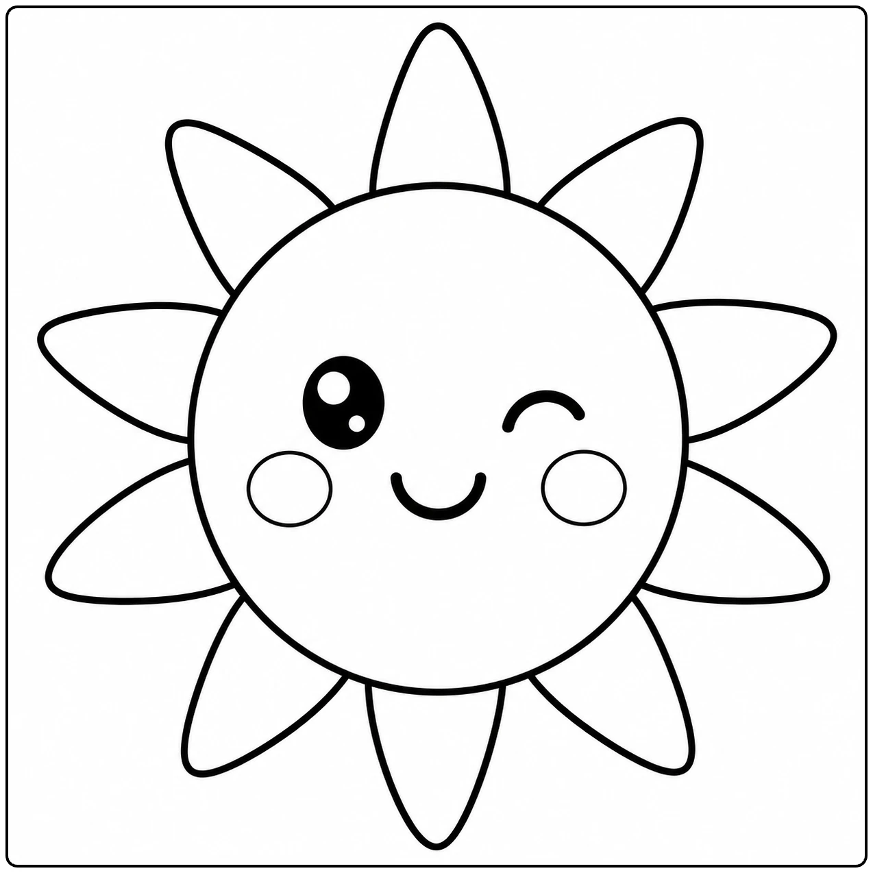 Schattig zonnetje met ronde ogen, kleine glimlach, wangetjes en zachte puntige stralen