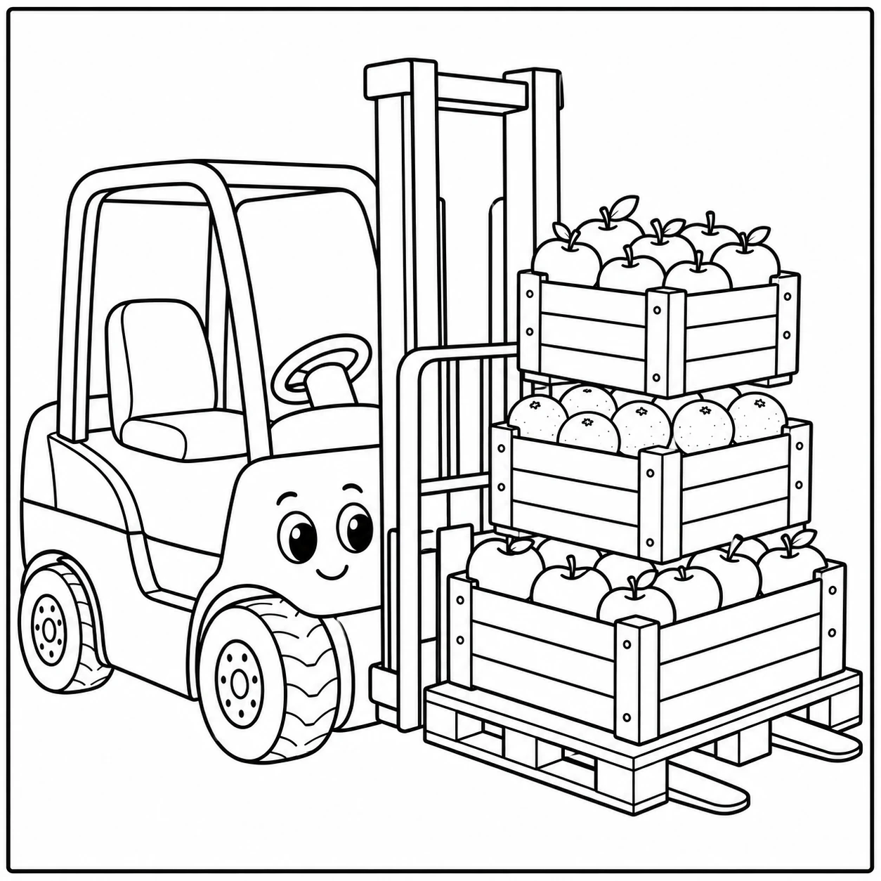 Schattige heftruck met gezicht naast fruitkratten op een houten pallet