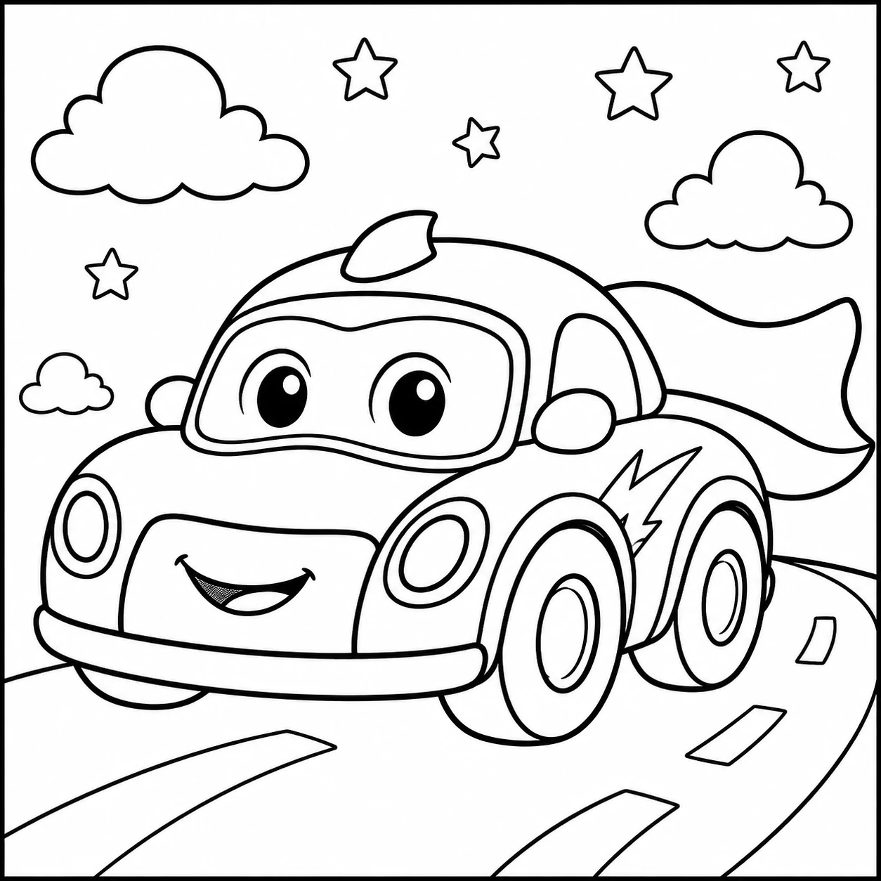 Vriendelijke cartoon auto met grote ogen, sterren en speelse details