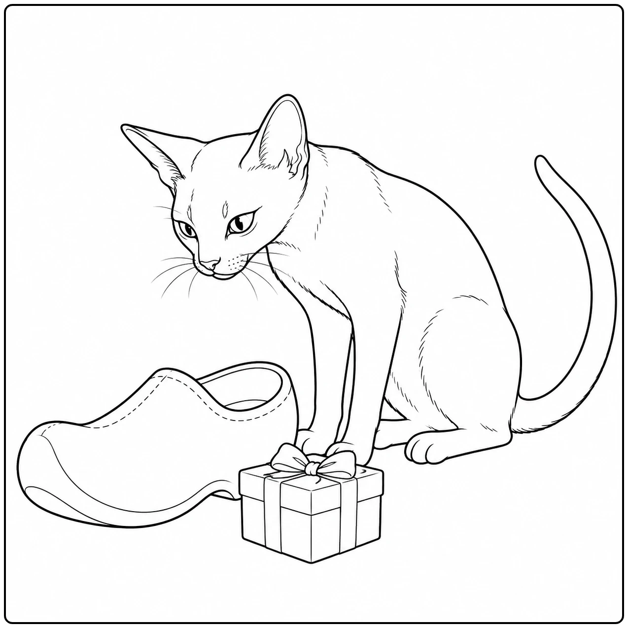 Nieuwsgierige abessijn kijkt naar een schoen en een ingepakt cadeautje op de grond.