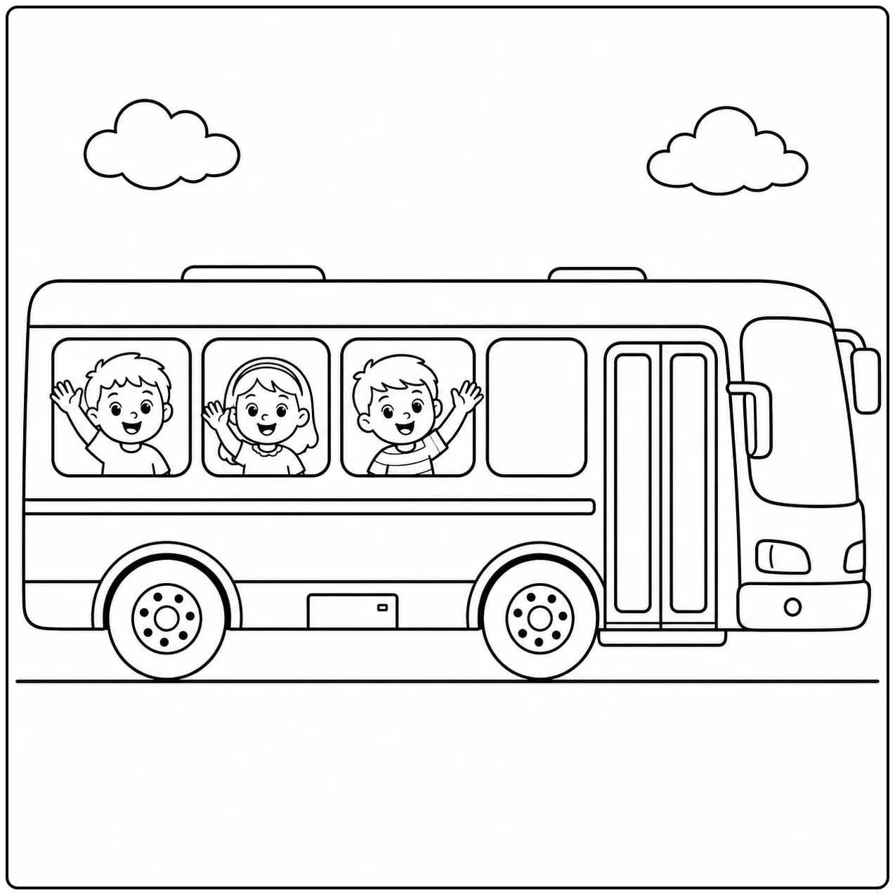 Schoolbus van opzij met kinderen die uit de ramen kijken, wolken erboven en een open deur