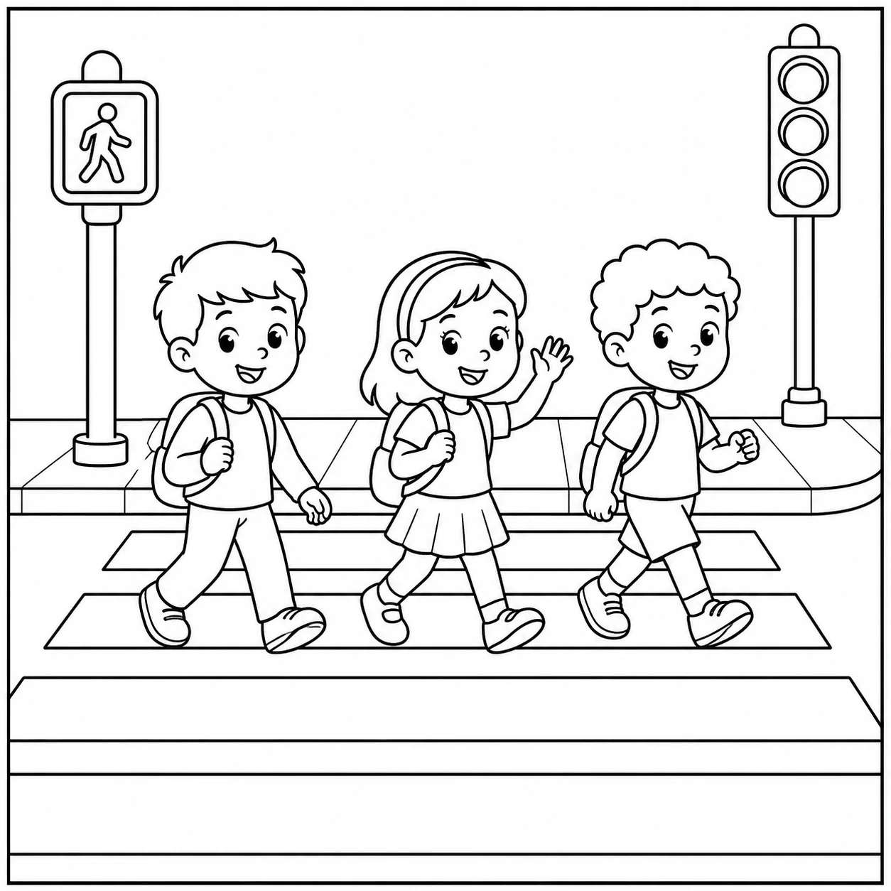 Drie schoolkinderen lopen samen over het zebrapad tussen een voetgangerslicht en verkeerslicht