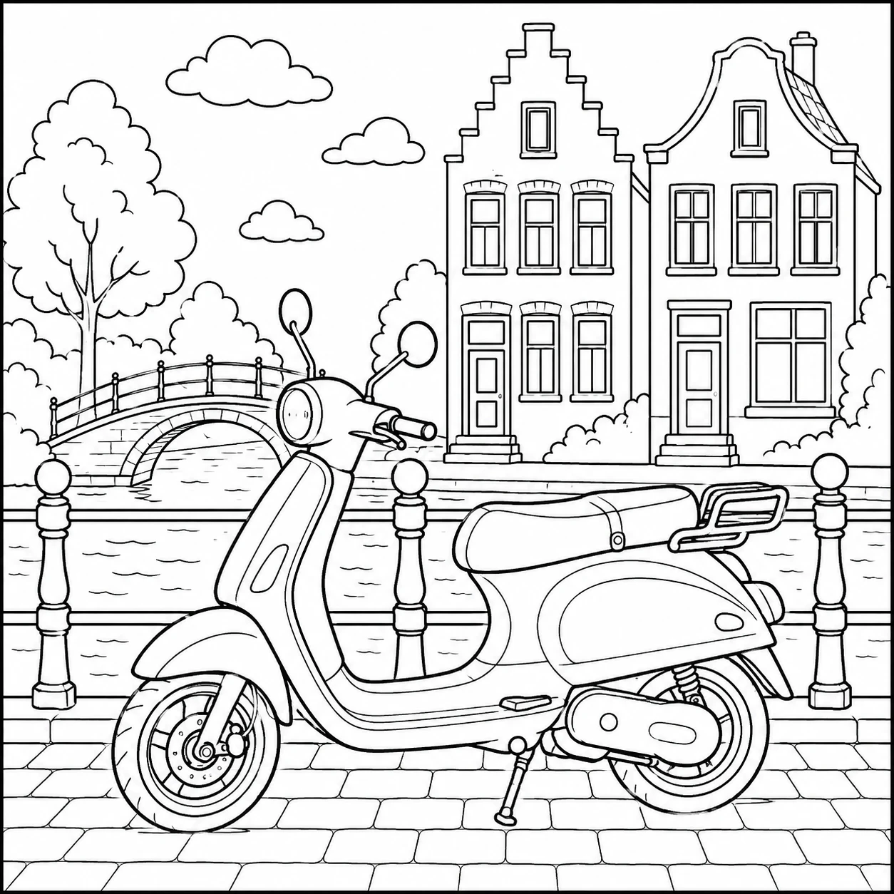 Scooter naast een Nederlandse gracht met brug, bomen en karakteristieke grachtenpanden