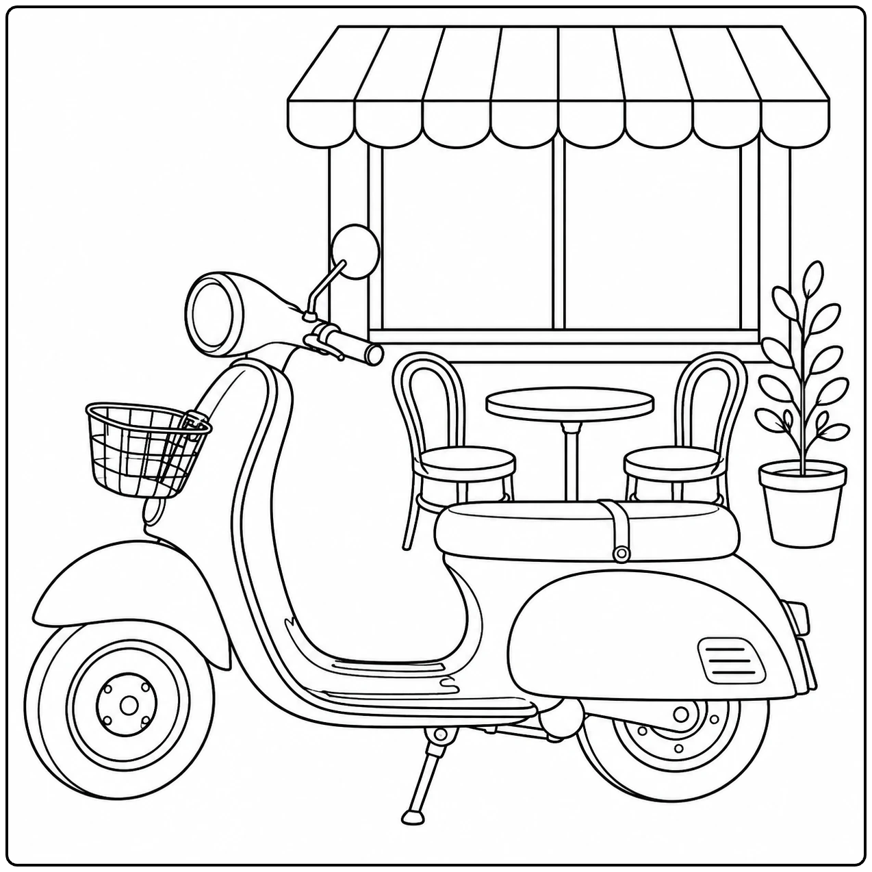 Scooter bij een terras met gestreepte luifel, tafels, stoelen, plantenpot en kleine voormand.