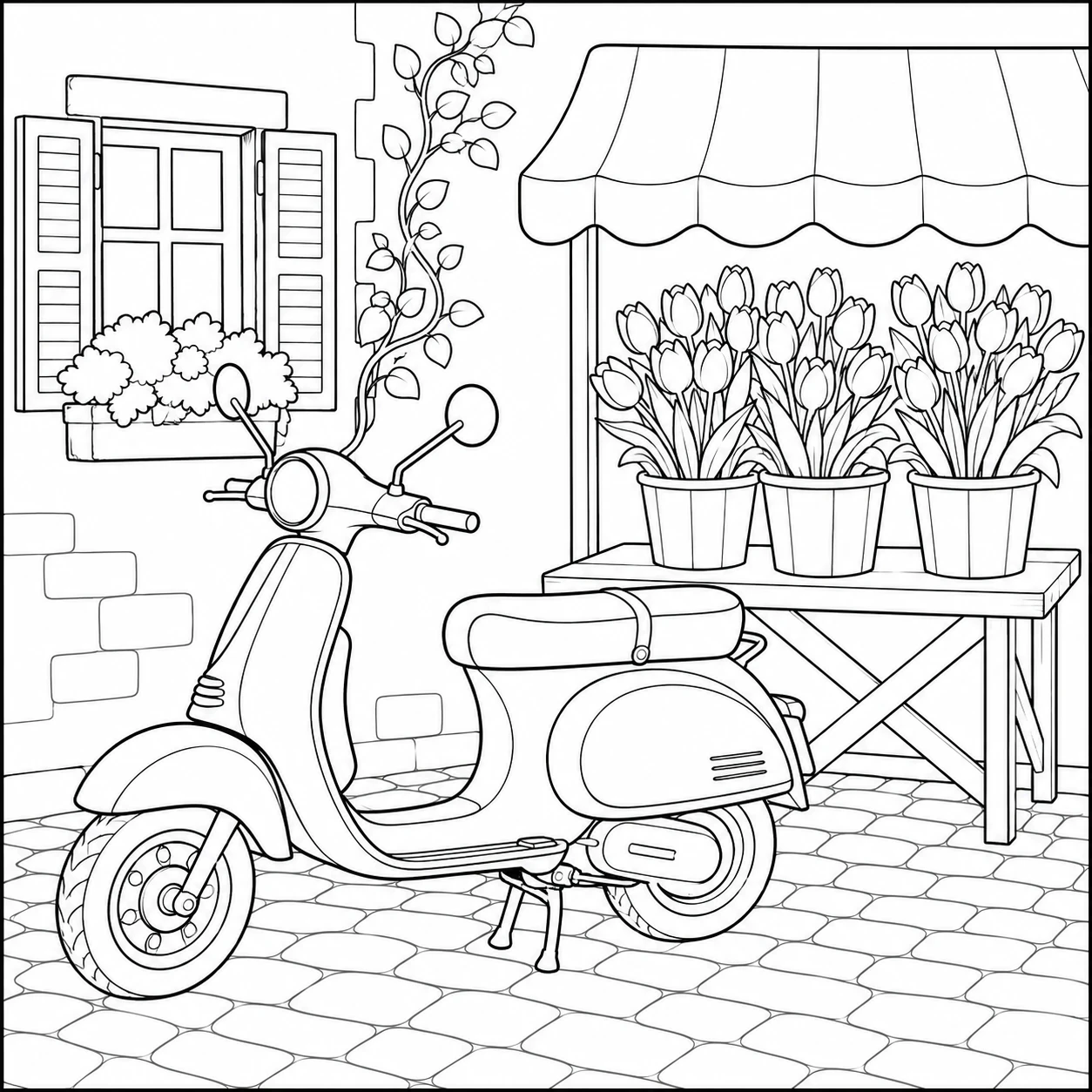 Stadsscooter naast een bloemenkraam met potten tulpen, luifel en geplaveide straat
