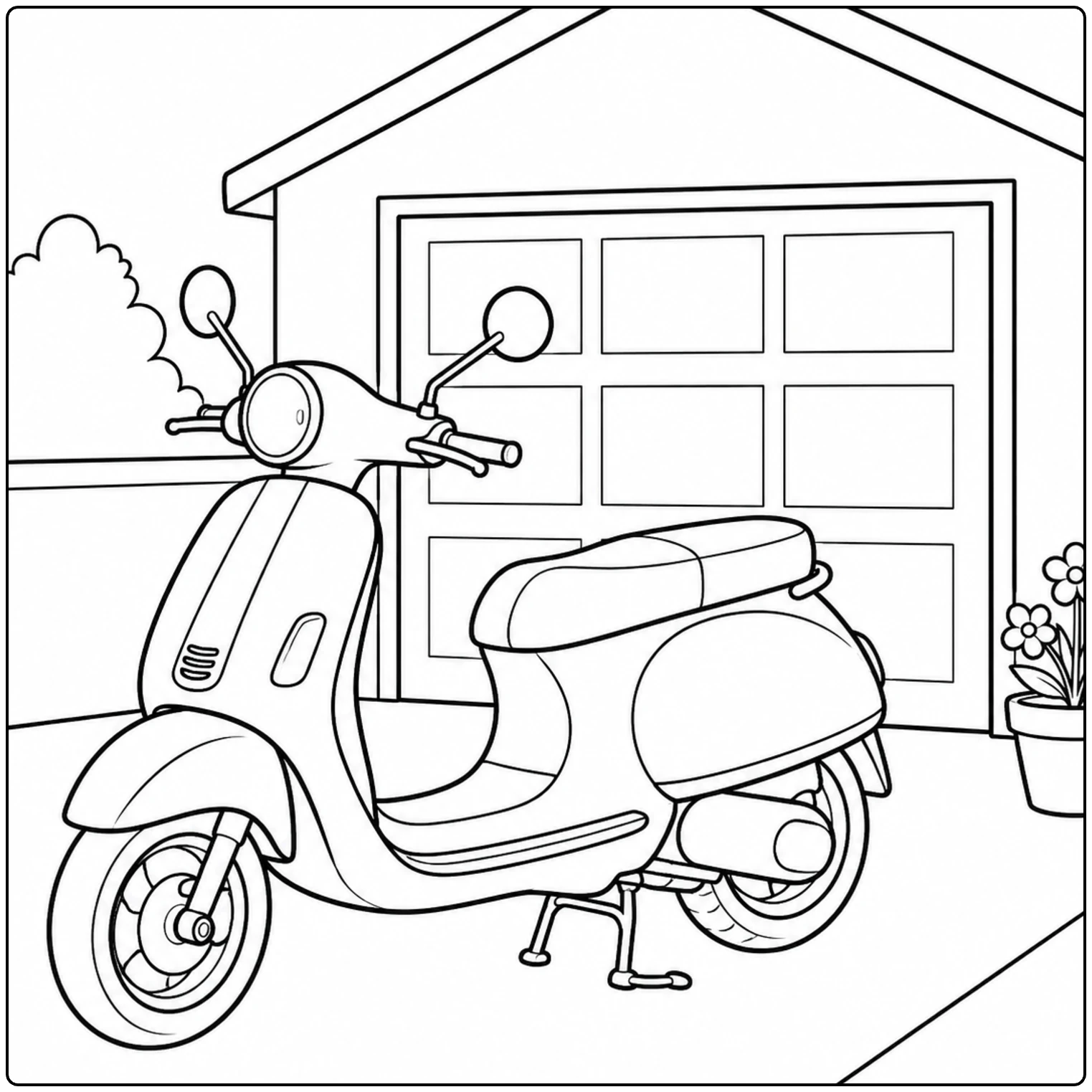 Klassieke scooter voor een kleine garage met paneeldeur, oprit en een bloempot