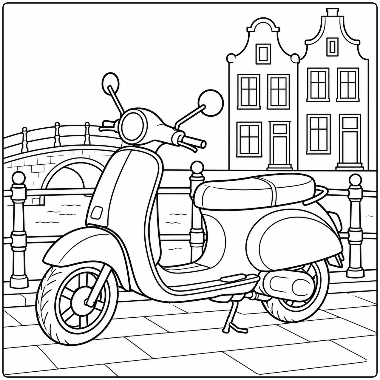 Langs een brug en Hollandse gevelhuizen staat een kleurplaat scooter op een stenen kade.