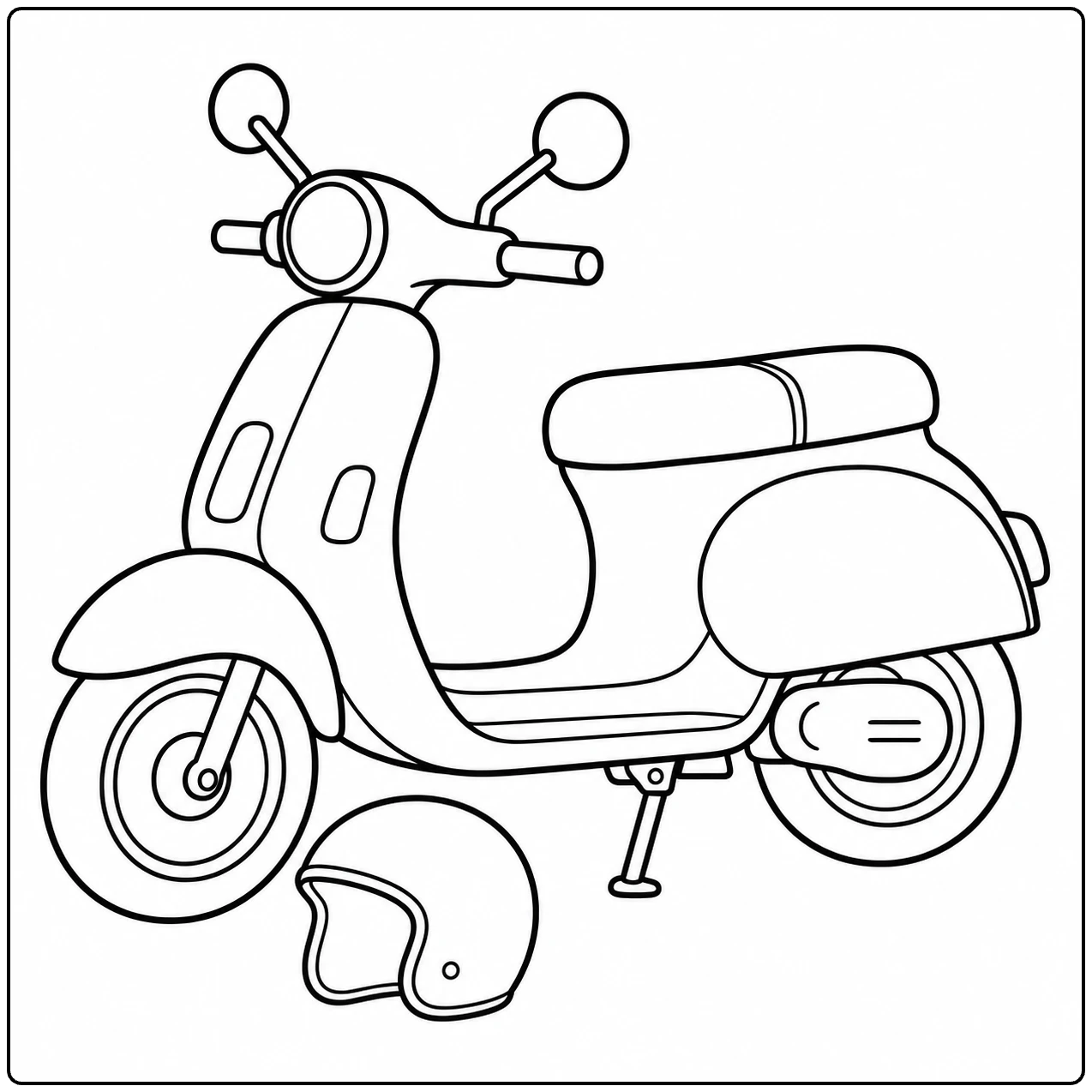 Eenvoudige scooter met een helm naast het voorwiel, geschikt als vespa kleurplaat voor kinderen