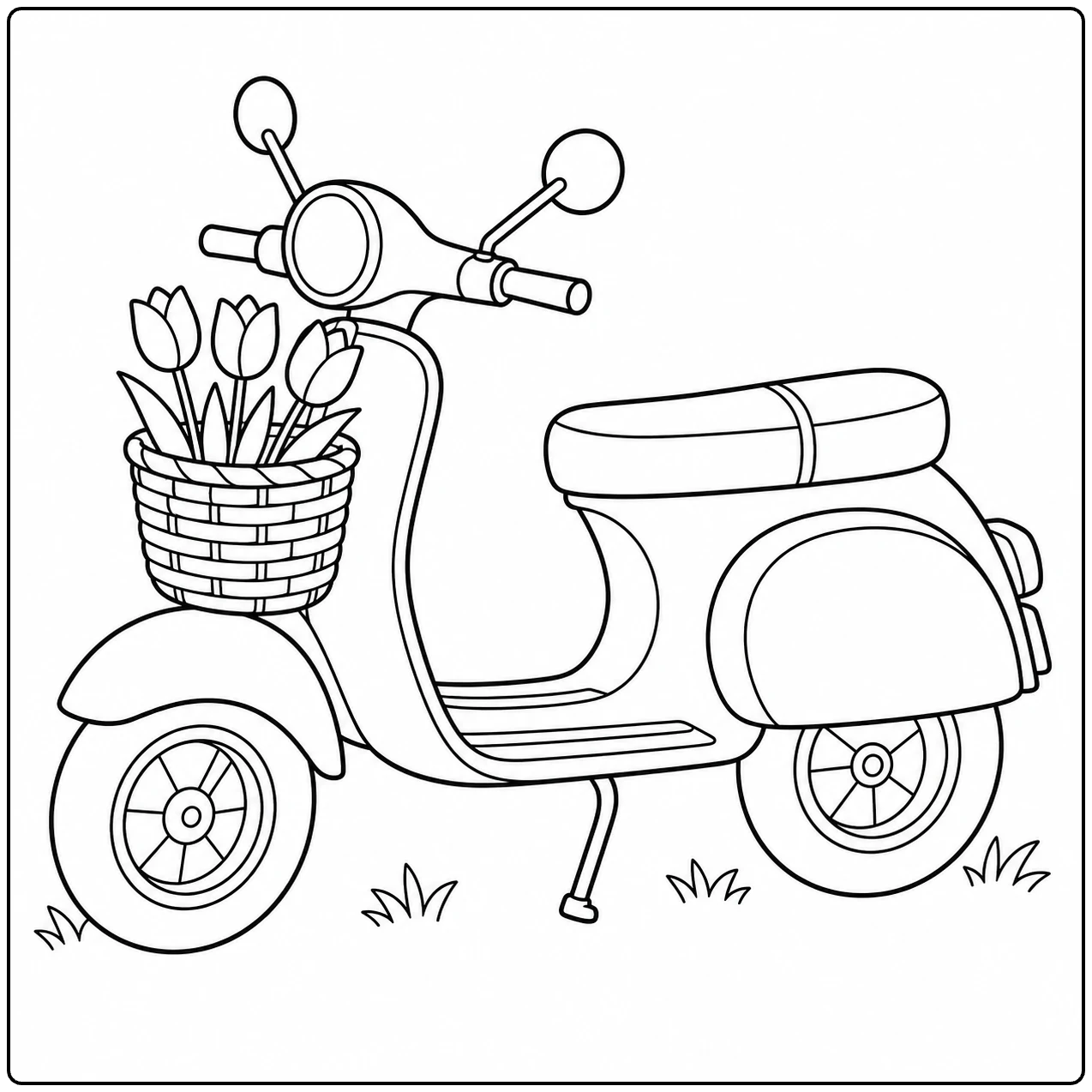 Retro scooter met een gevlochten voormand vol tulpen, ronde spiegels en kleine grasplukjes.