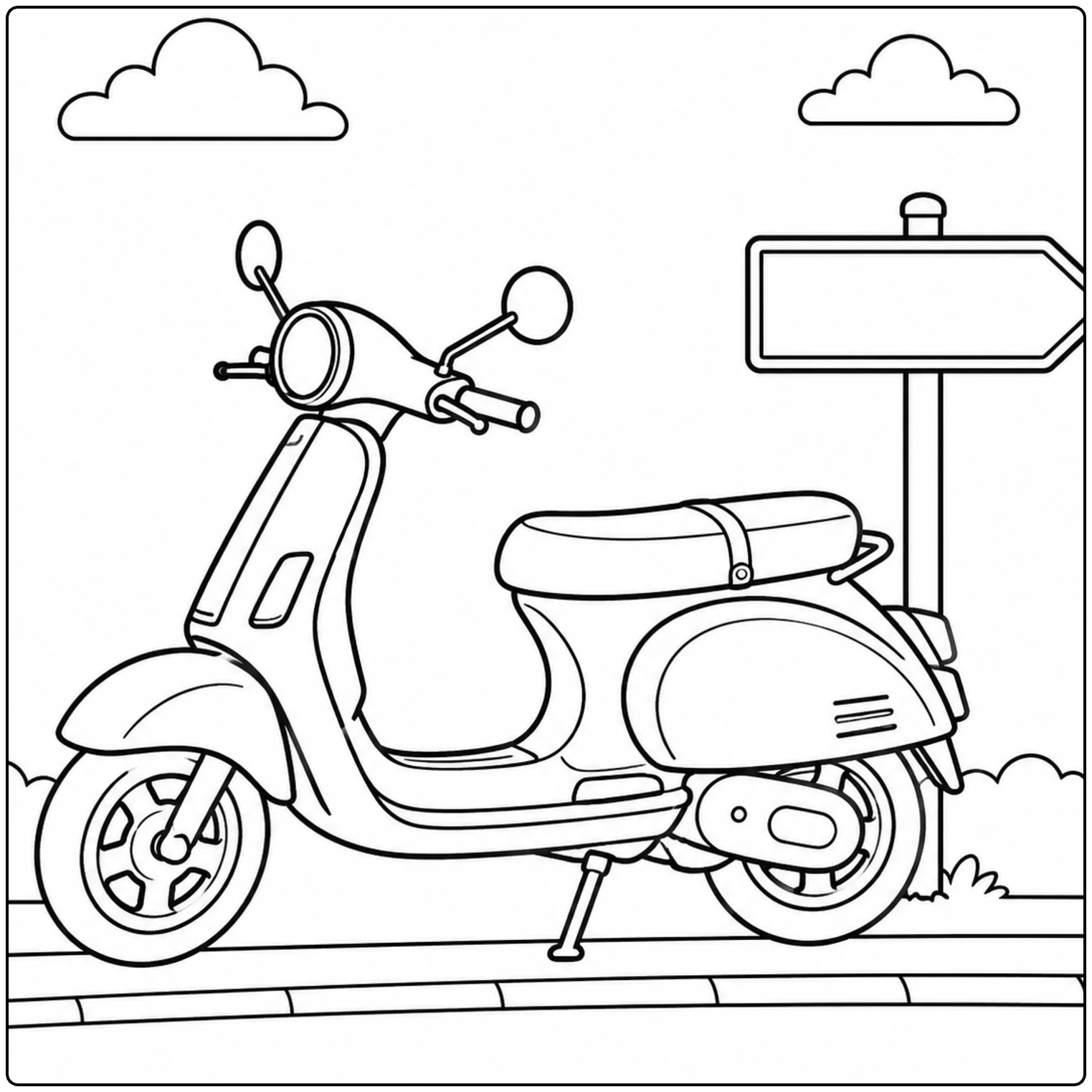 Scooter naast een leeg richtingbord en lage struiken, een rustige vespa kleurplaat voor onderweg