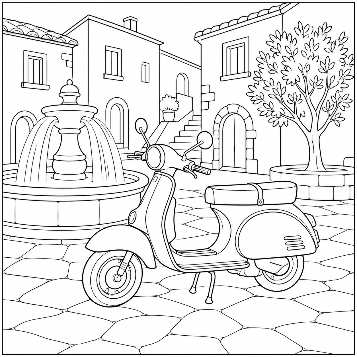 Klassieke scooter naast een stenen fontein op een rustig plein met bomen en gevels
