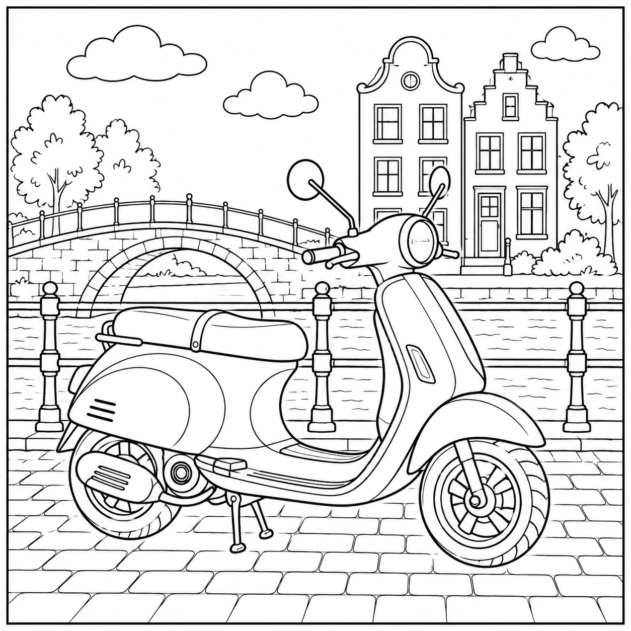 Vespa kleurplaat met een scooter bij een Nederlandse gracht, boogbrug en smalle grachtenpanden