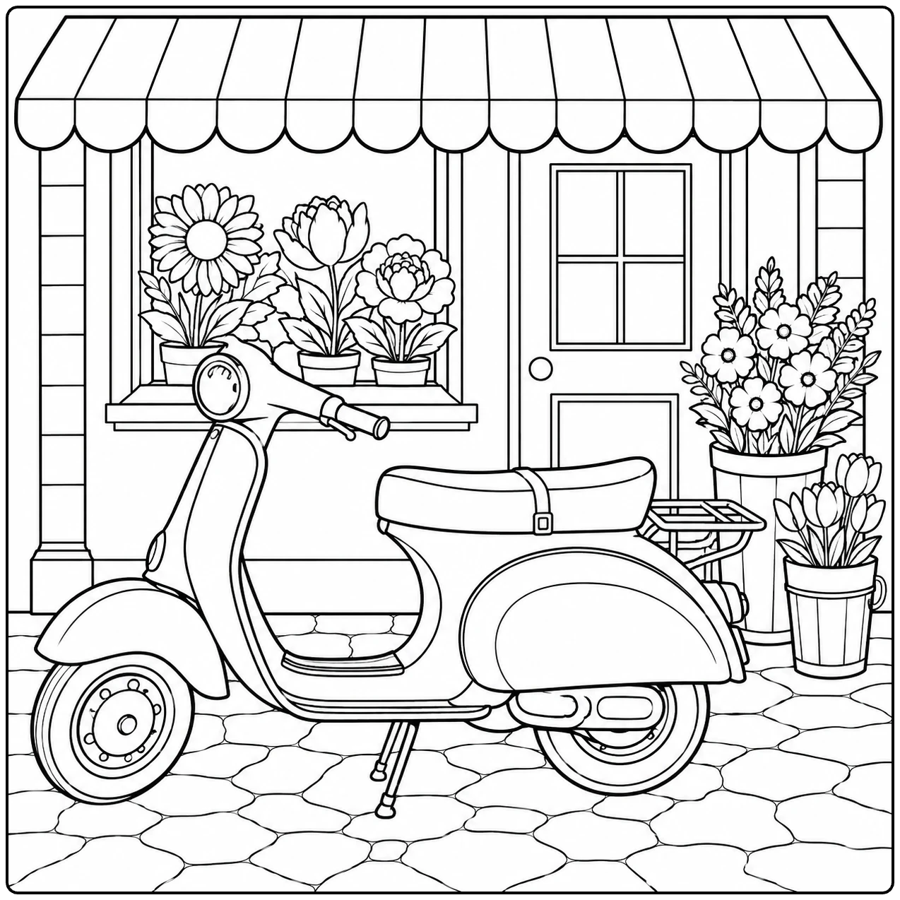Stadsscooter voor een winkel met luifel, grote bloemenbakken en verschillende potplanten.